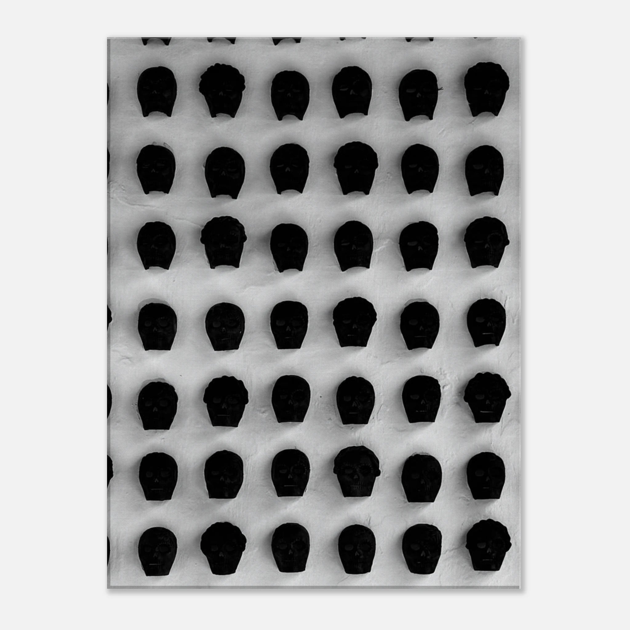 Black and white monochrome skull grid canvas wall art, minimalist statement photography print, 20x30 cm, abstract design.