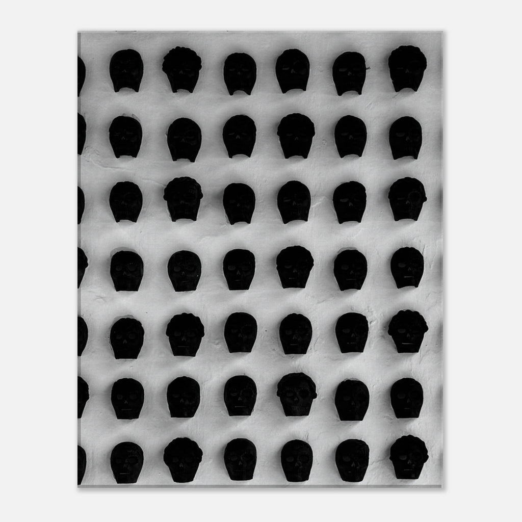 Black and white monochrome skull grid canvas wall art, minimalist statement photography from the Travel Collection Studio Edition.
