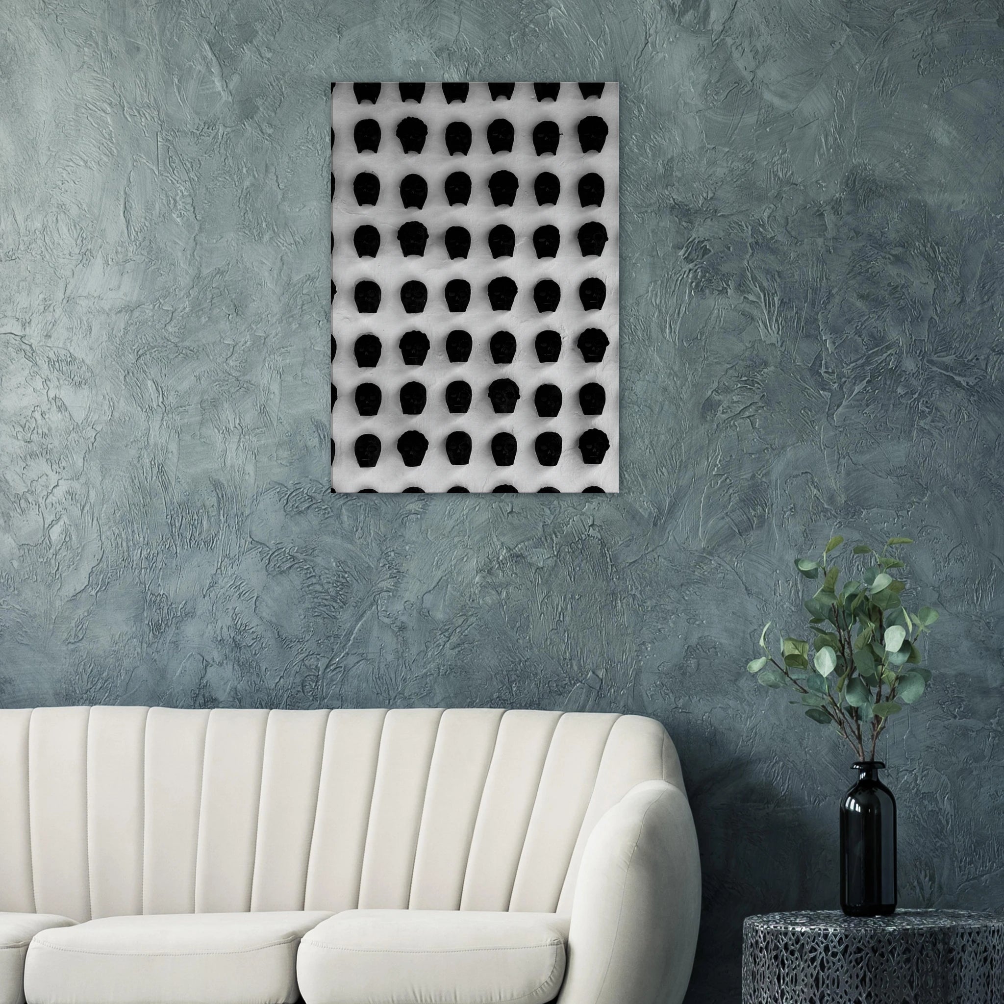 Black and white monochrome skull grid canvas wall art, minimalist statement photography, 20x30 cm print from the Travel Collection Studio Edition.