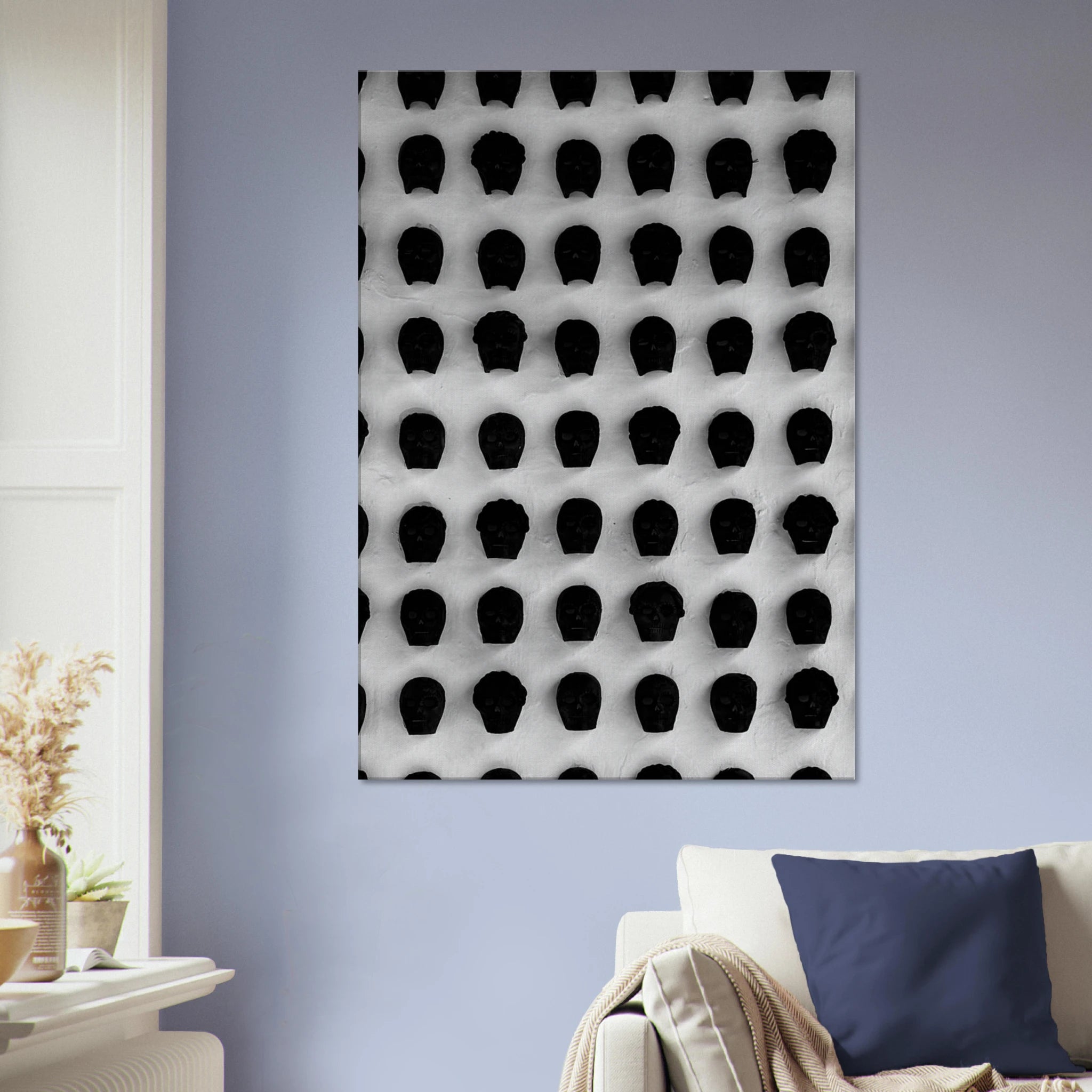 Black and white Monochrome Skull Grid canvas wall art by My Store, minimalist abstract photography for modern travel-inspired decor.