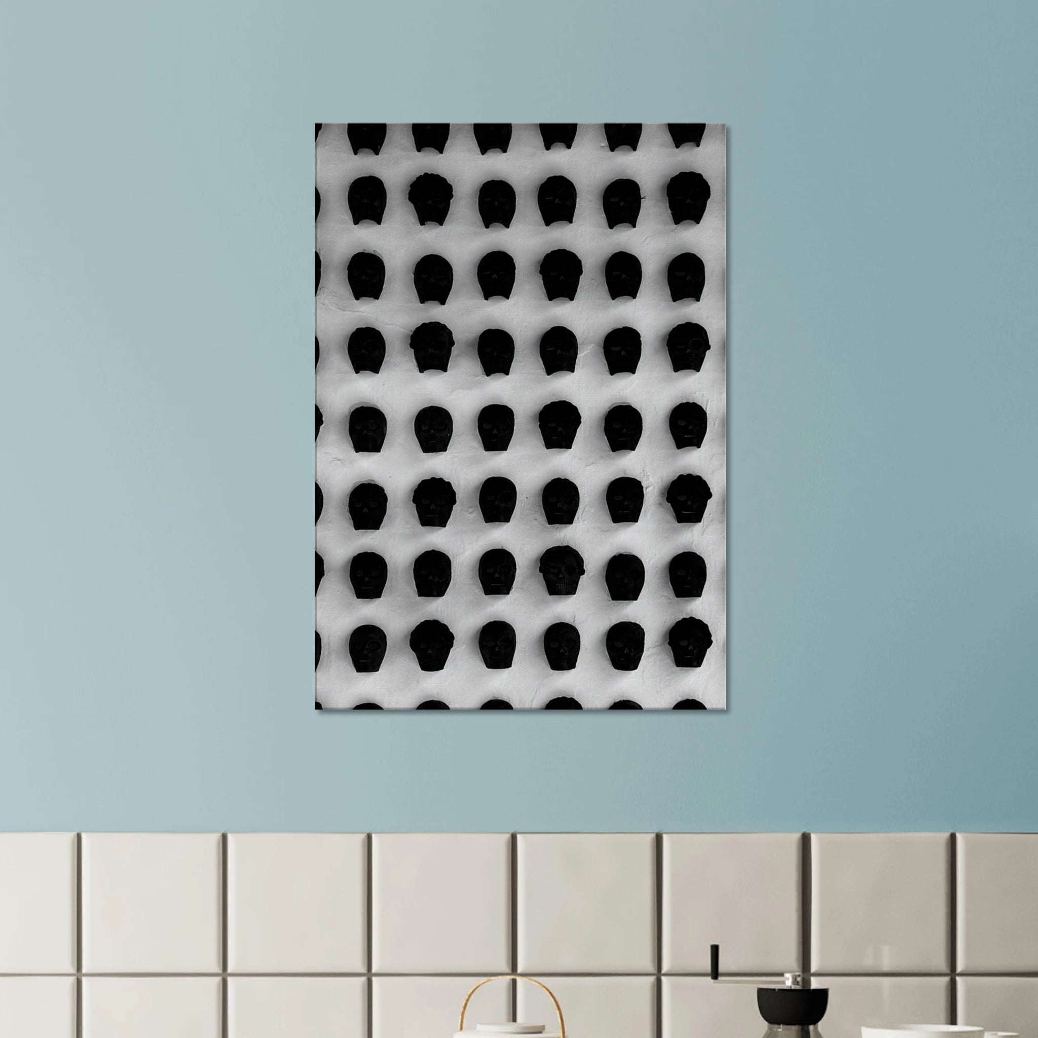 Monochrome skull grid canvas wall art by My Store, minimalist black and white statement print from the Travel Collection Studio Edition.
