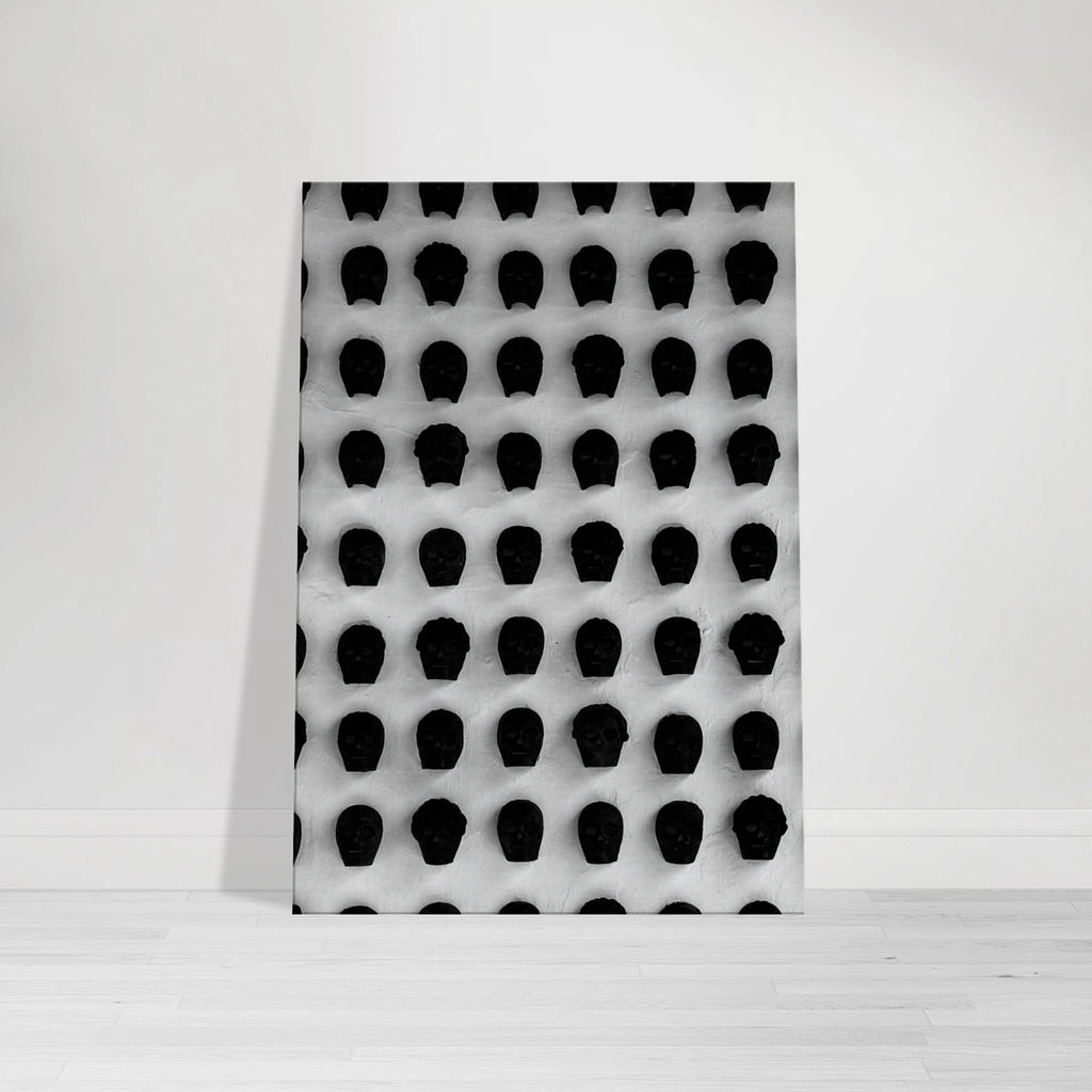 Black and white monochrome skull grid canvas wall art, minimalist statement photography print, 20x30 cm, part of travel collection studio edition.