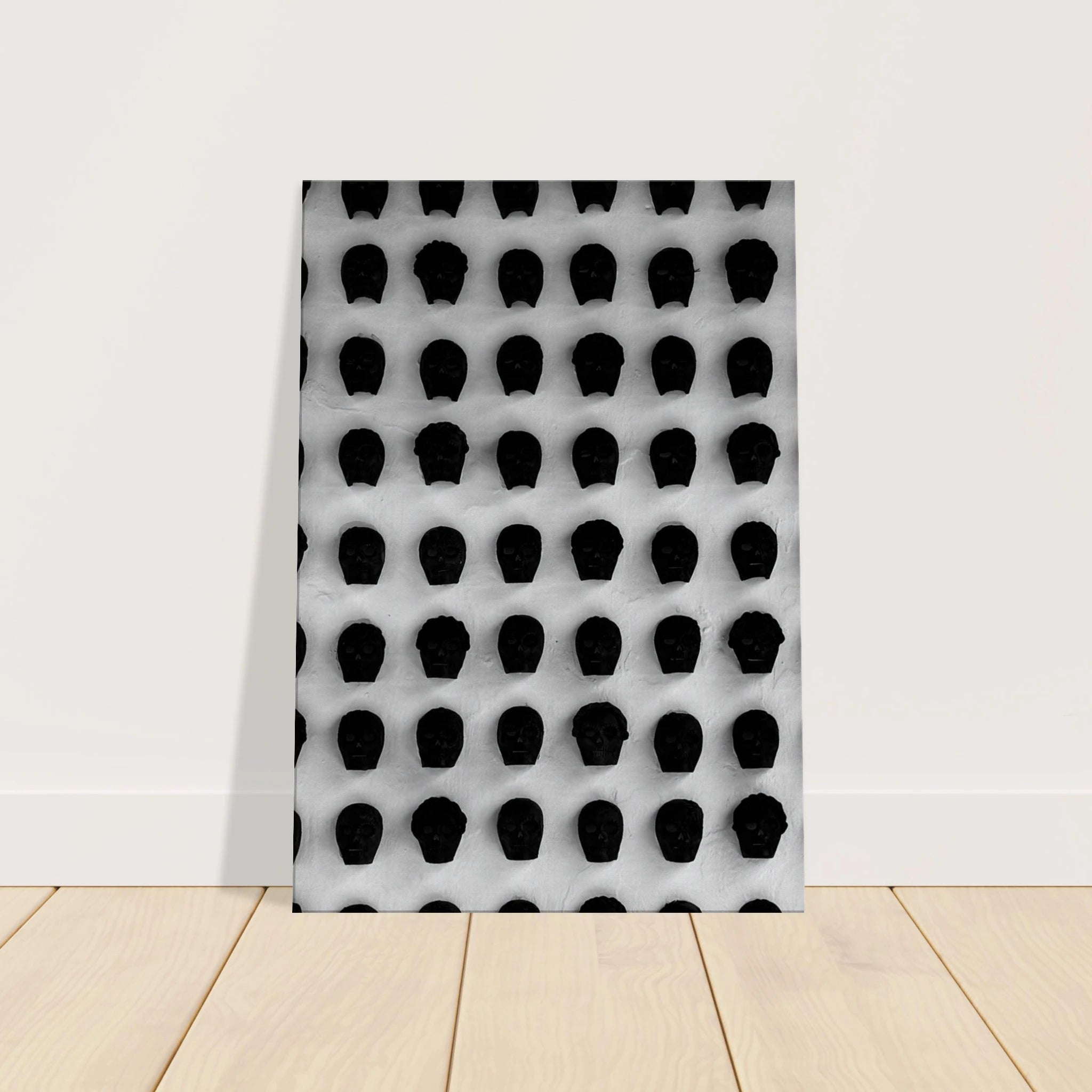 Black and white Monochrome Skull Grid canvas wall art, minimalist abstract photography print, 20x30 cm, part of Travel Collection Studio Edition.