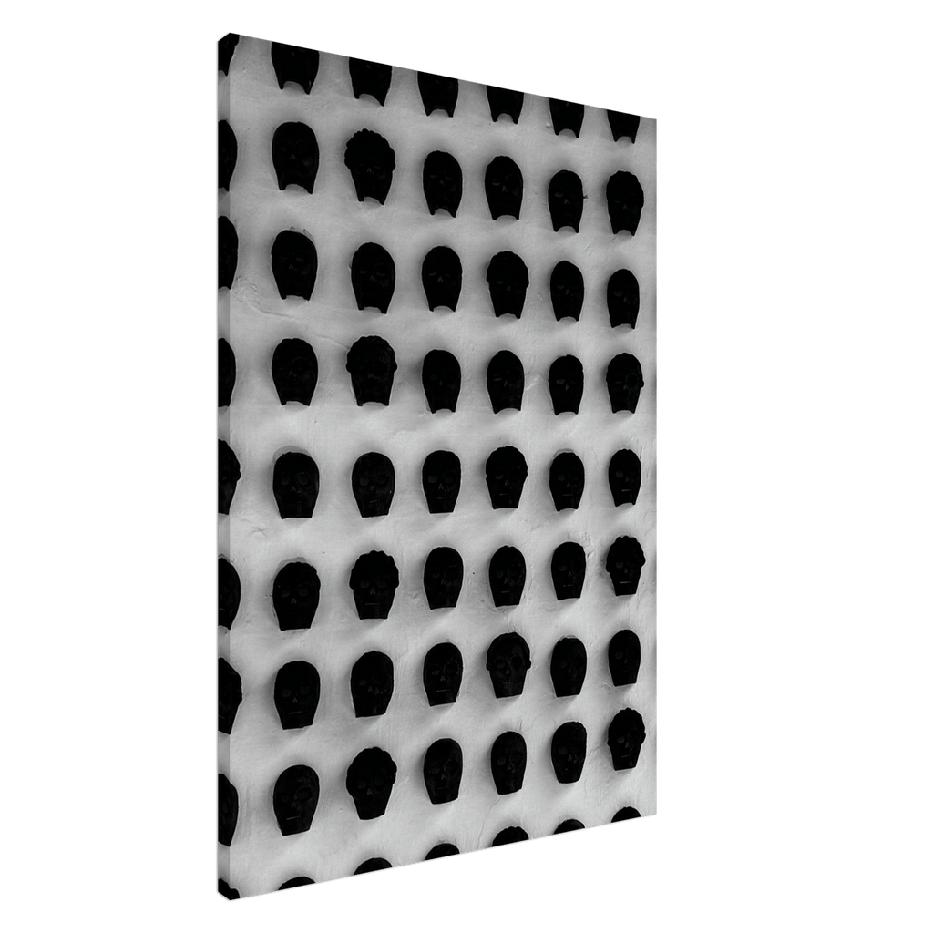 Black and white monochrome skull grid canvas wall art, minimalist statement photography print, 20x30 cm, part of travel collection studio edition.