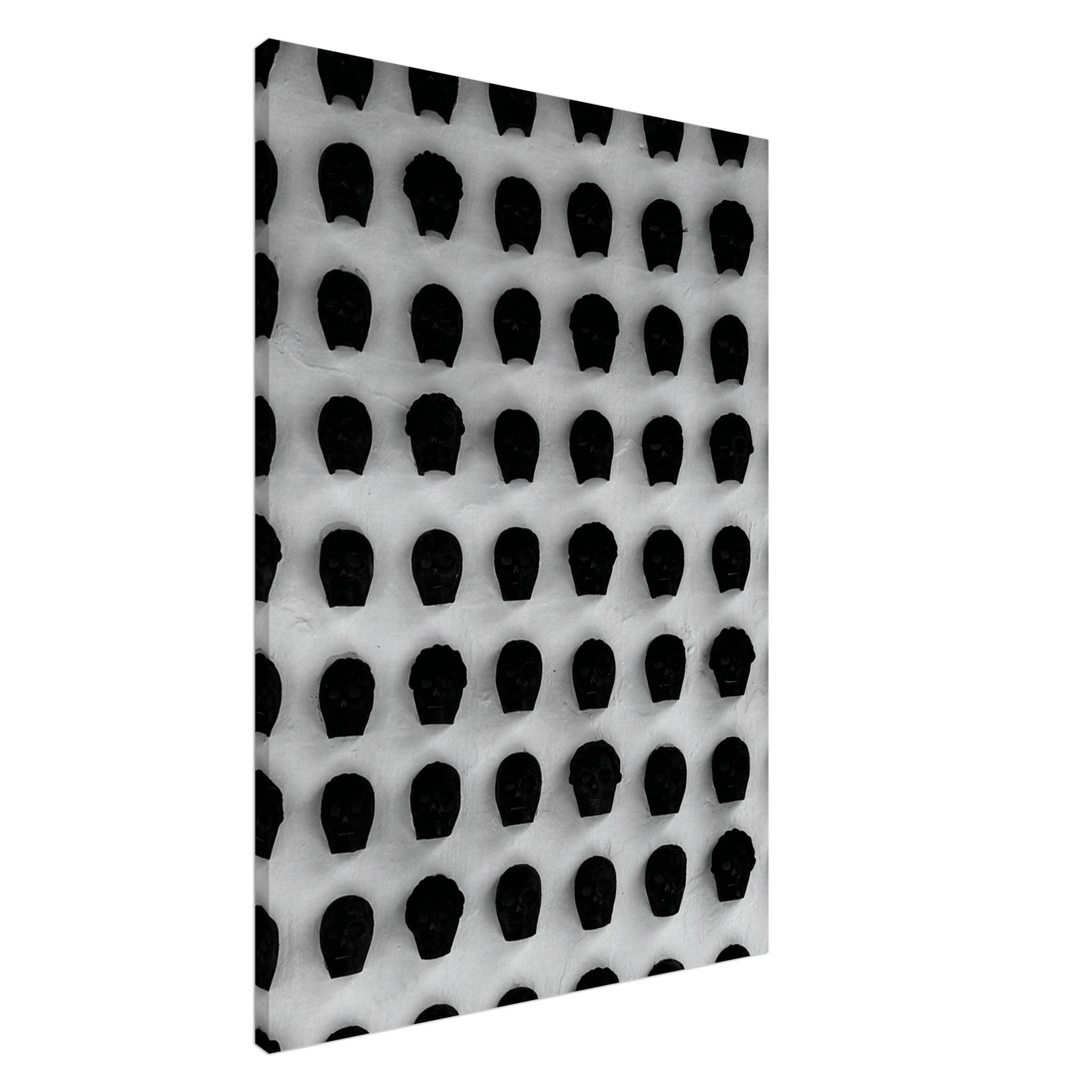 Black and white monochrome skull grid canvas wall art, minimalist statement photography print, 20x30 cm, part of travel collection studio edition.