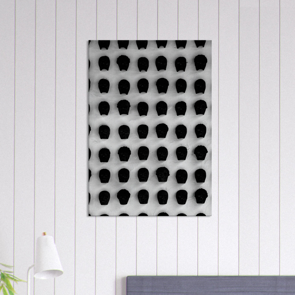 Black and white monochrome skull grid canvas wall art featuring minimalist abstract photography, 20x30 cm print from travel collection.