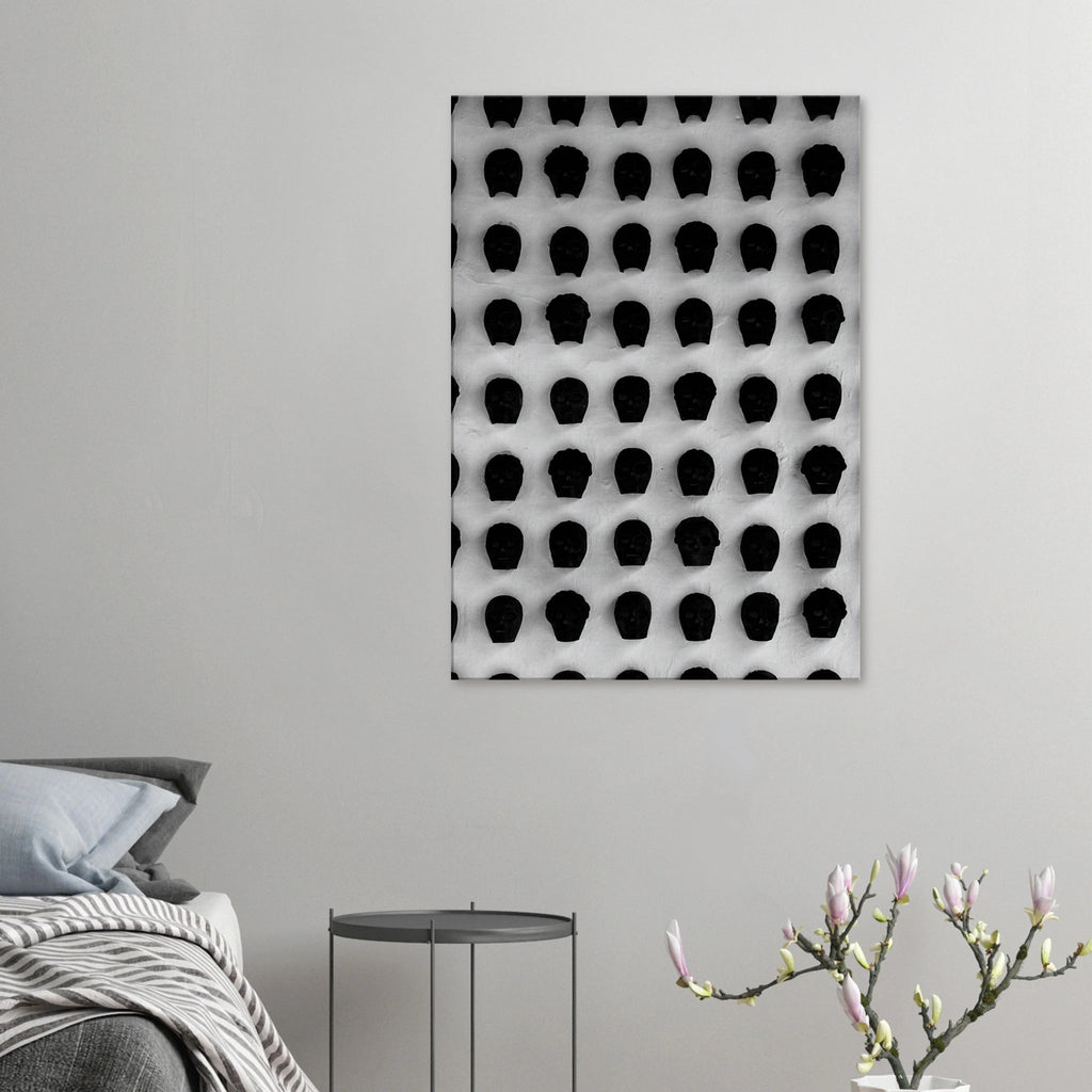 Black and white monochrome skull grid canvas wall art, minimalist statement photography print from the Travel Collection Studio Edition.