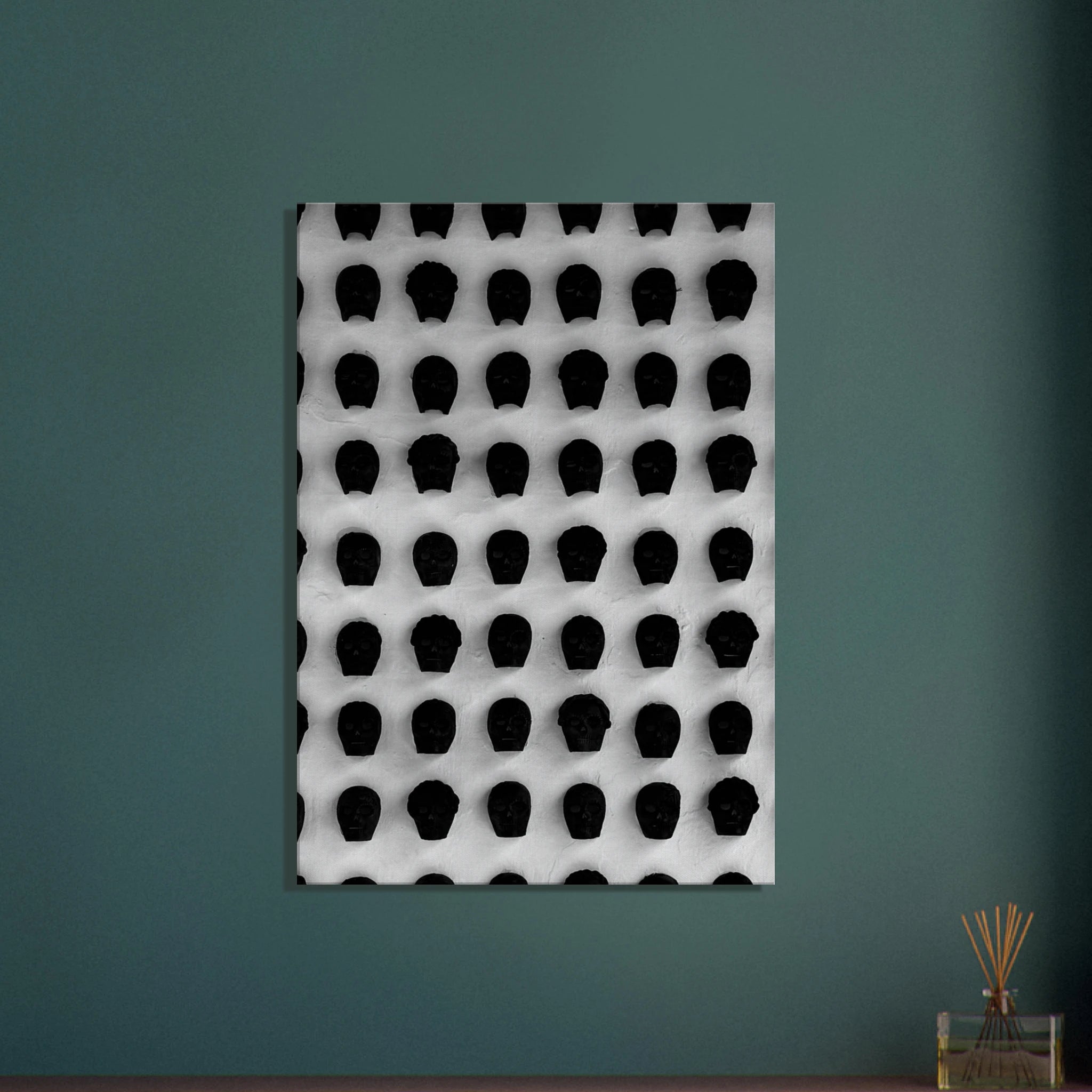 Black and white monochrome skull grid canvas wall art, minimalist statement photography from the Travel Collection Studio Edition.