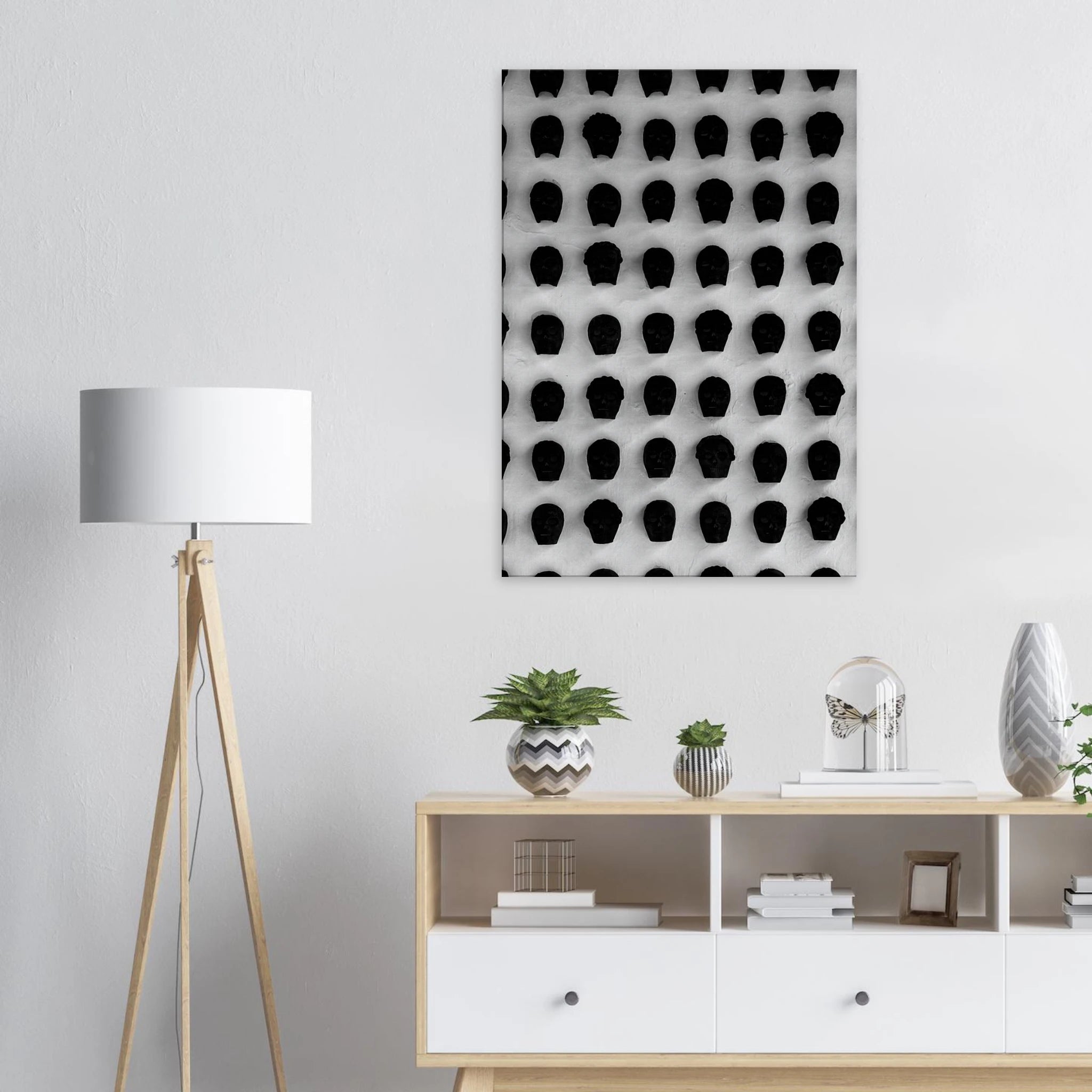 Black and white Monochrome Skull Grid canvas wall art featuring minimalist statement photography, 20x30 cm print from My Store's Travel Collection.
