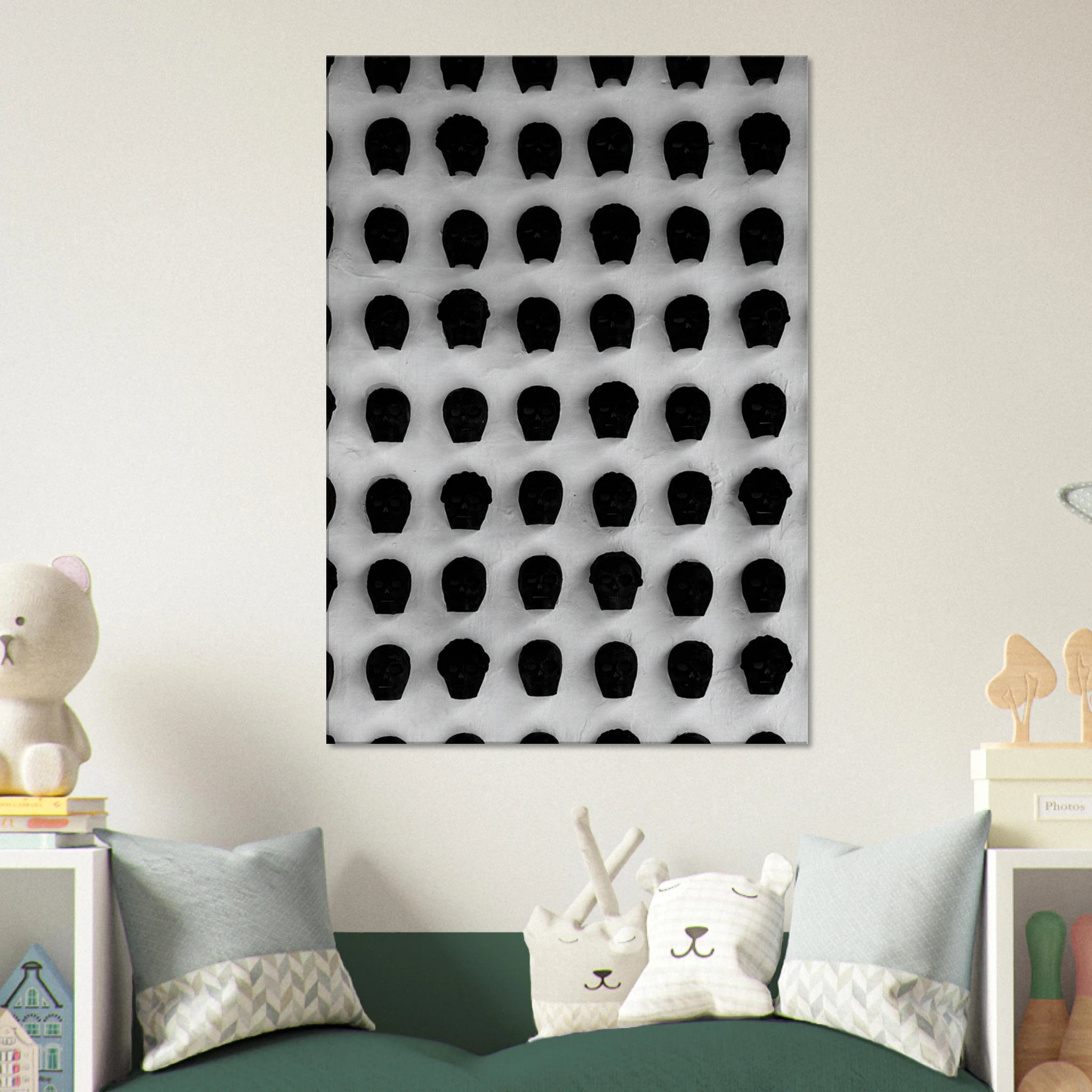 Black and white Monochrome Skull Grid canvas wall art by My Store, minimalist abstract photography for modern interior decor.