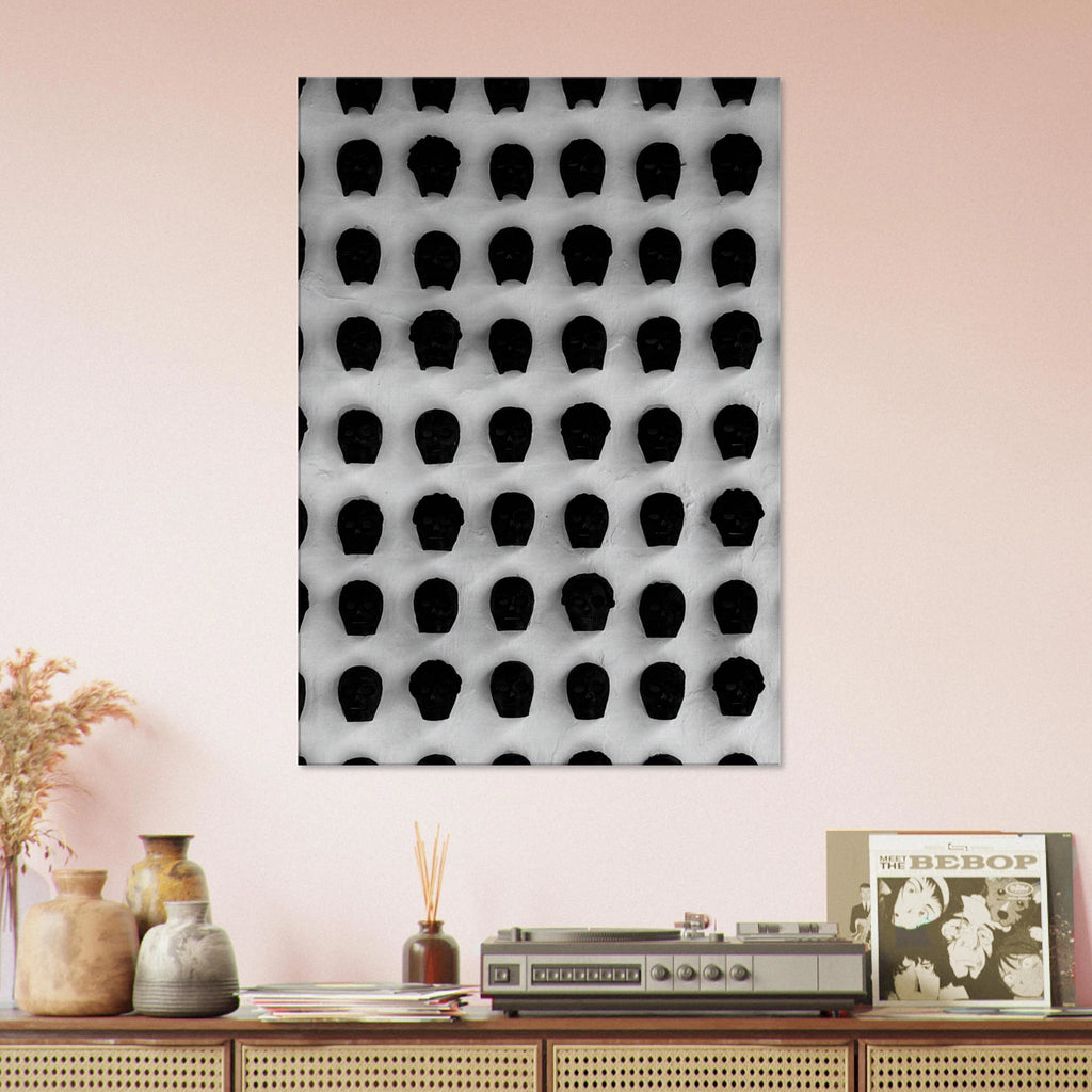 Monochrome skull grid canvas wall art in black and white, minimalist travel-themed abstract print by My Store, 20x30 cm.