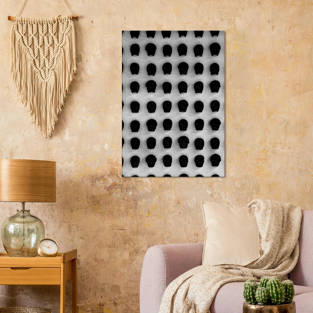 Black and white monochrome skull grid canvas wall art, minimalist statement photography print, 20x30 cm, abstract travel collection.