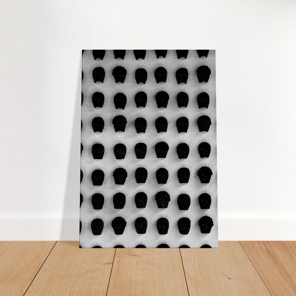 Black and white Monochrome Skull Grid canvas wall art featuring minimalist abstract skull design, 20x30 cm print.