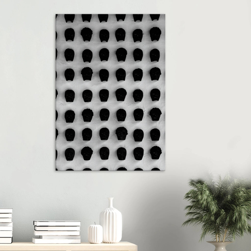 Monochrome skull grid canvas wall art by My Store, minimalist black and white abstract photography for modern interior decor.
