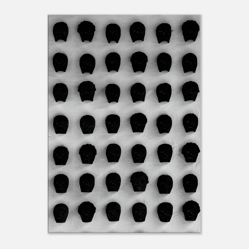 Black and white monochrome skull grid canvas wall art print, minimalist photo for modern home decor, part of travel collection studio edition.