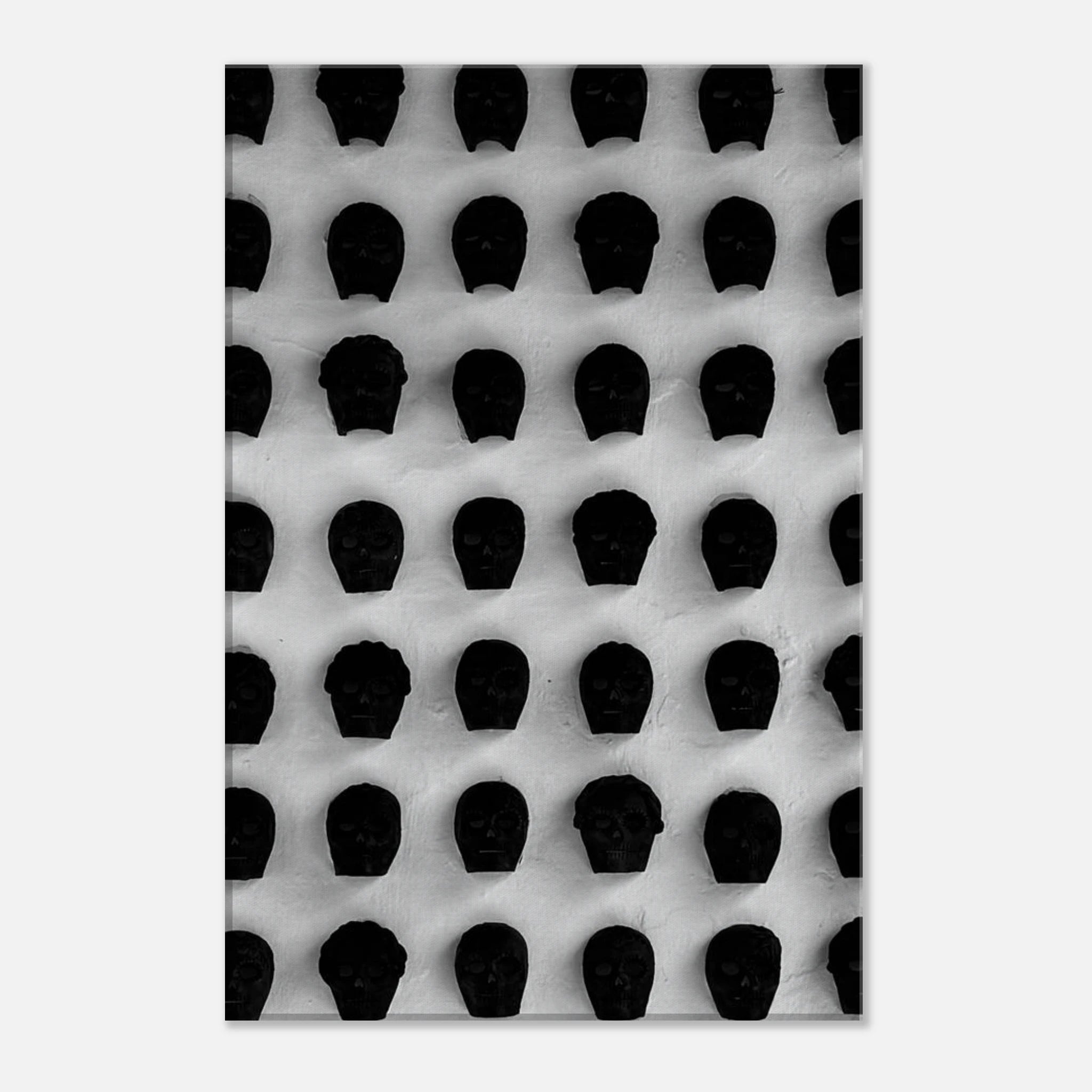 Minimalist black and white Monochrome Skull Grid canvas wall art, featuring abstract skull design for modern interior decor.