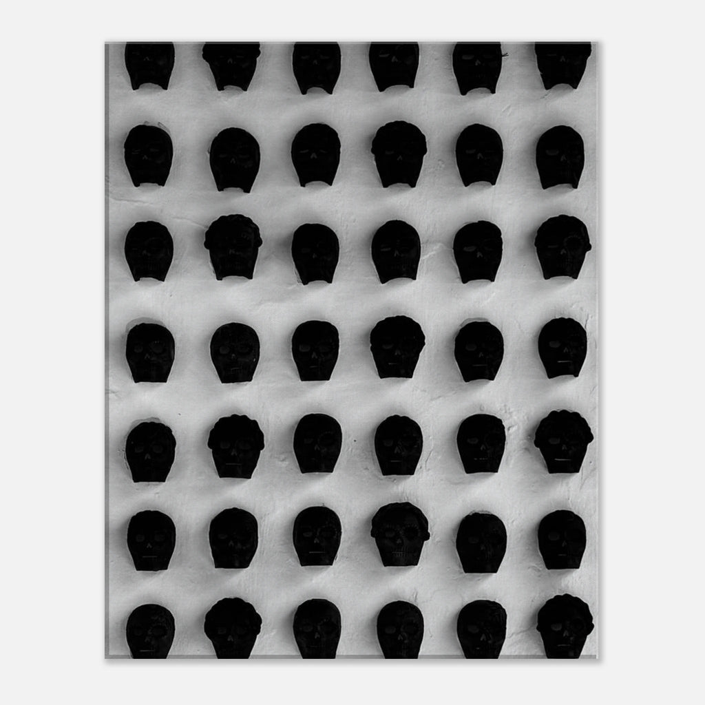 Black and white monochrome skull grid canvas wall art, minimalist statement photography print, abstract design, 20x30 cm.