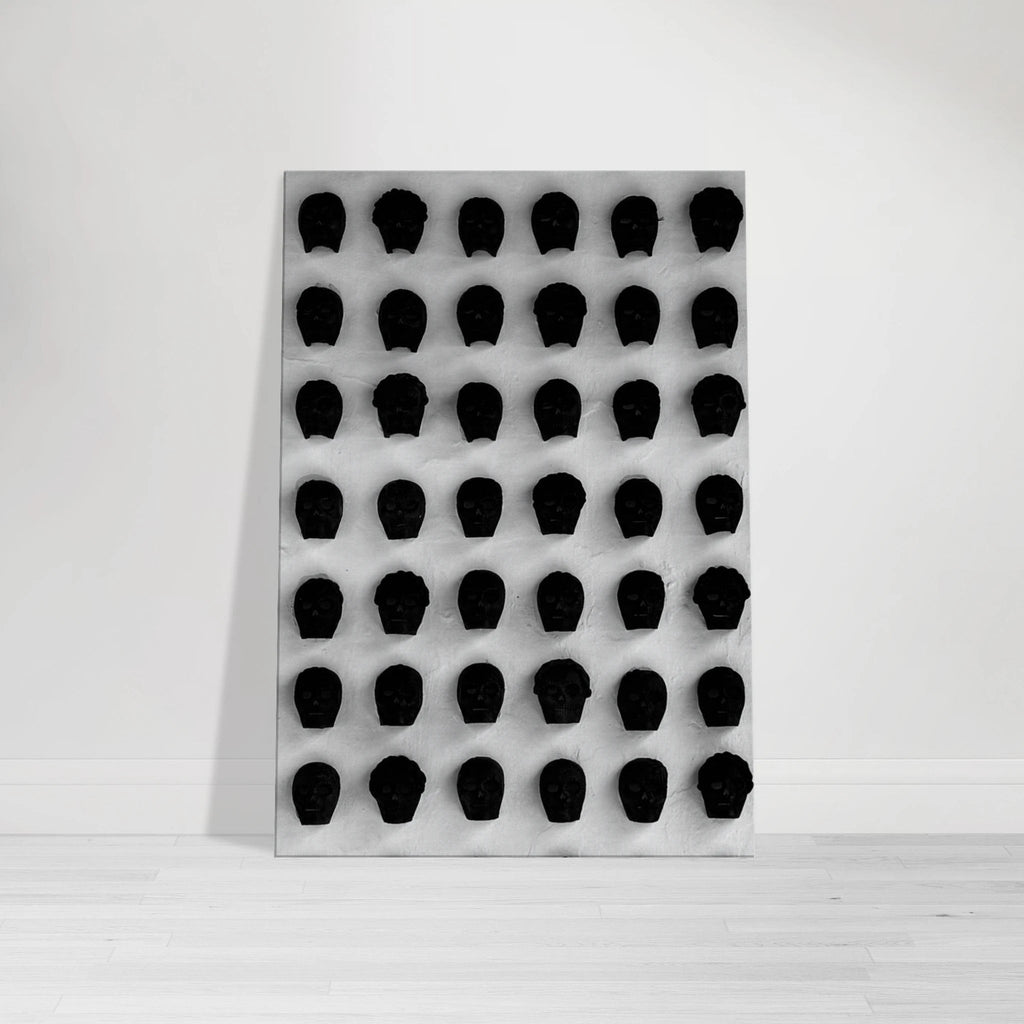 Monochrome skull grid canvas wall art in black and white, minimalist statement photography print, 20x30 cm, Travel Collection Studio Edition.