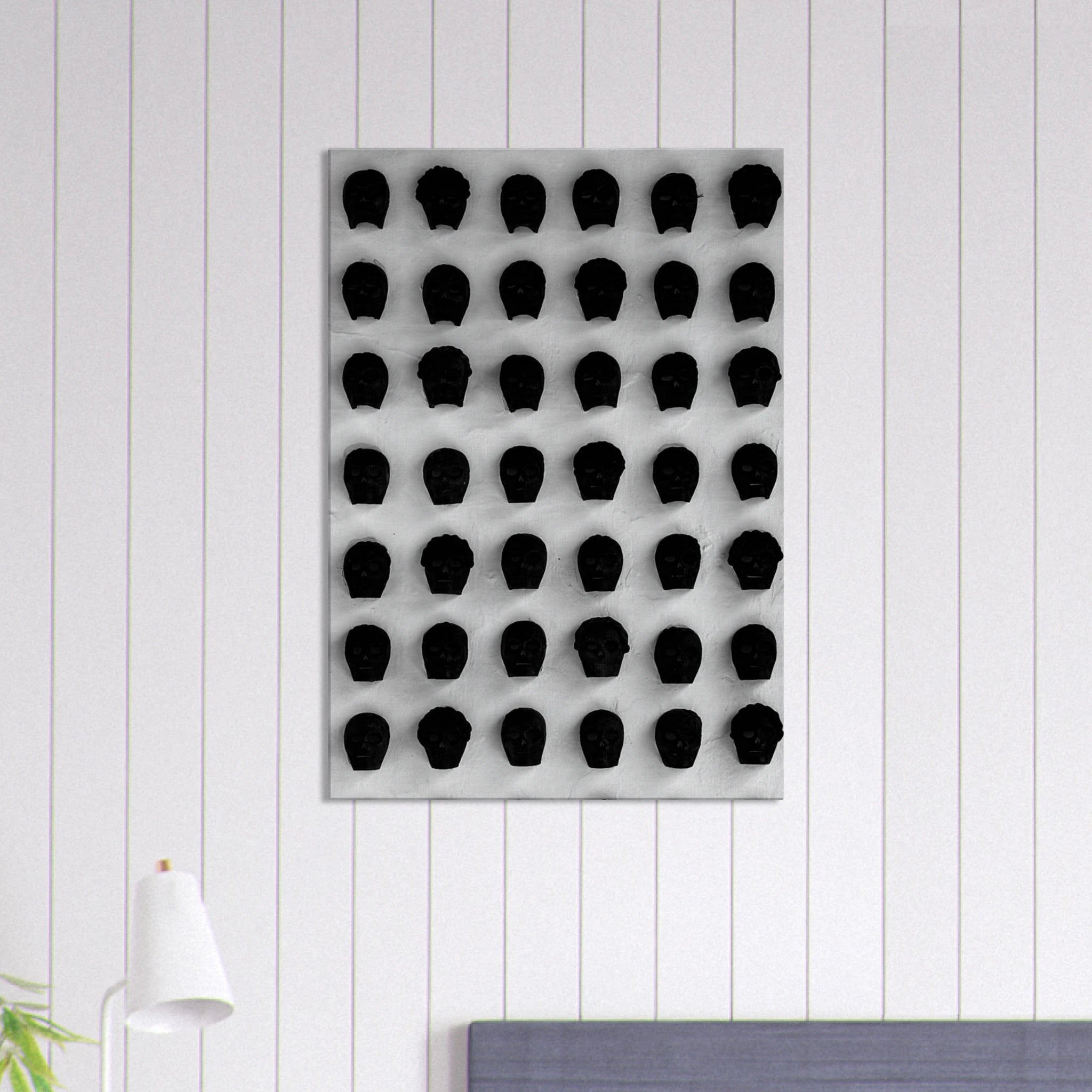 Monochrome skull grid canvas wall art by My Store, minimalist black and white abstract photography for modern interior decor.