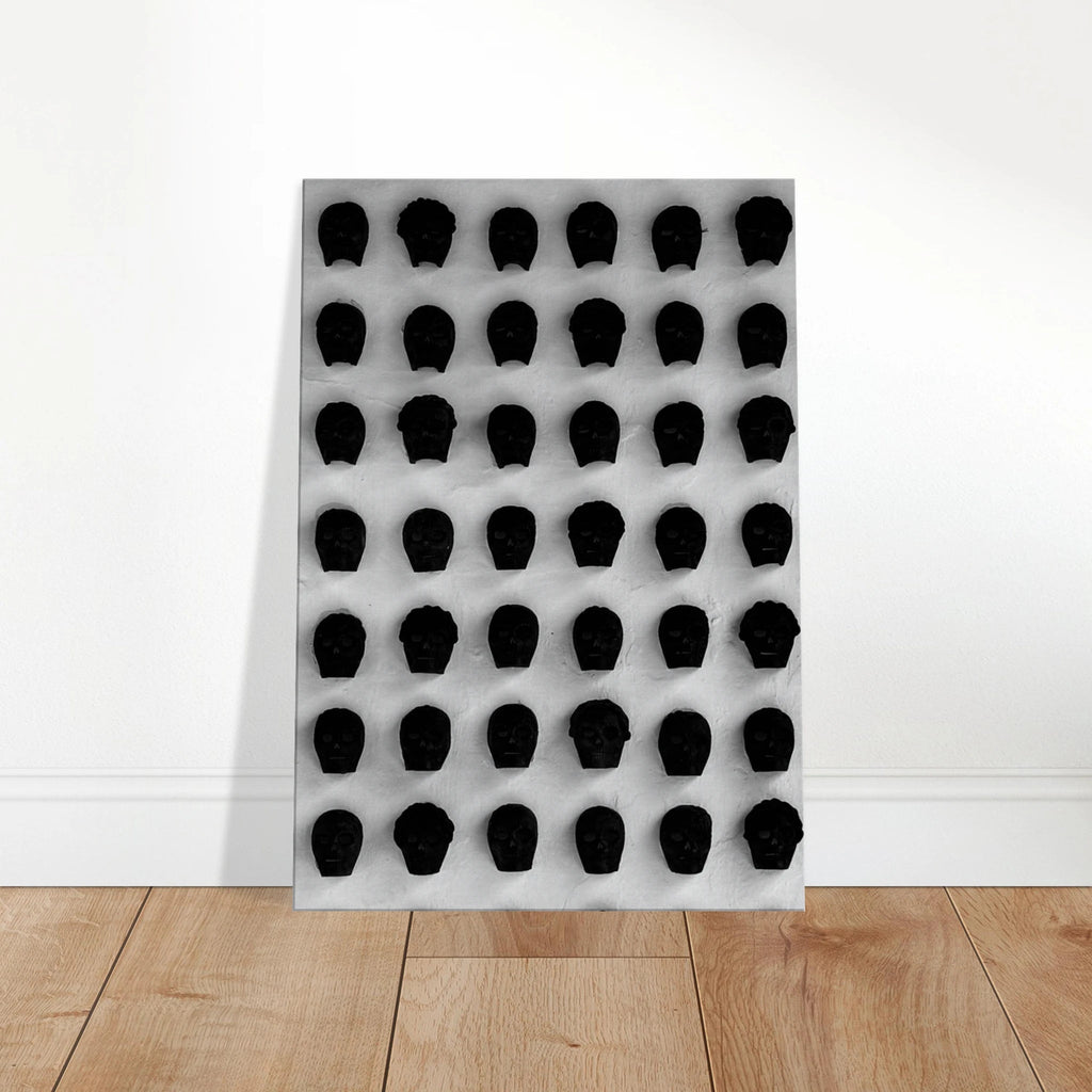 Black and white monochrome skull grid canvas wall art, minimalist statement photography print, 20x30 cm, from travel collection studio edition.