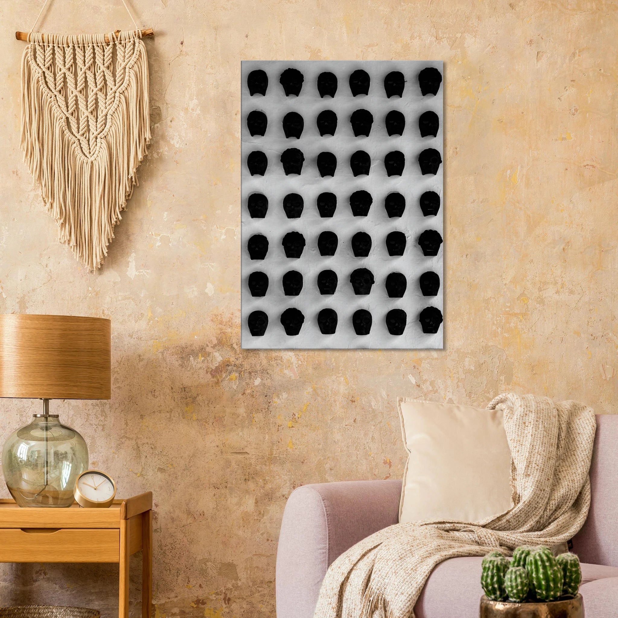 Black and white monochrome skull grid canvas wall art, minimalist statement print from My Store's travel collection, studio edition.