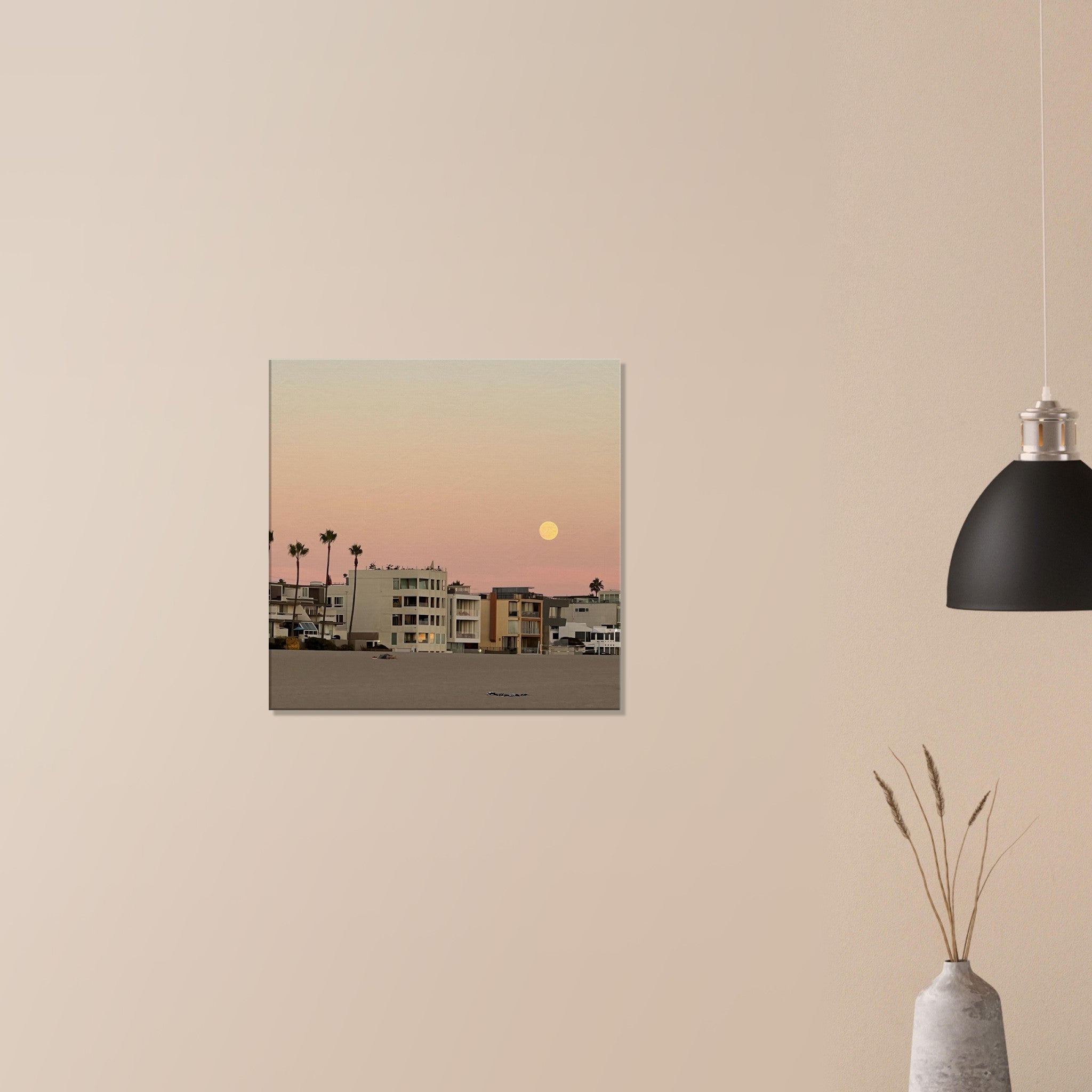 Moody SoCal Beach wall art print on canvas, 20x30cm, bedroom wall hanging featuring California beach scene, studio edition.