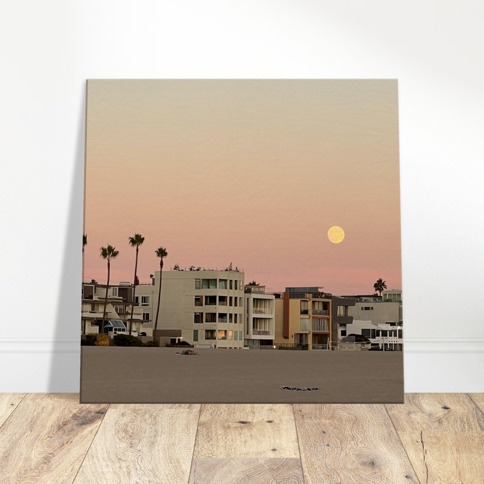 California beach wall art print by Moody SoCal Beach, hangs on bedroom wall, featuring vibrant coastal scene on canvas.