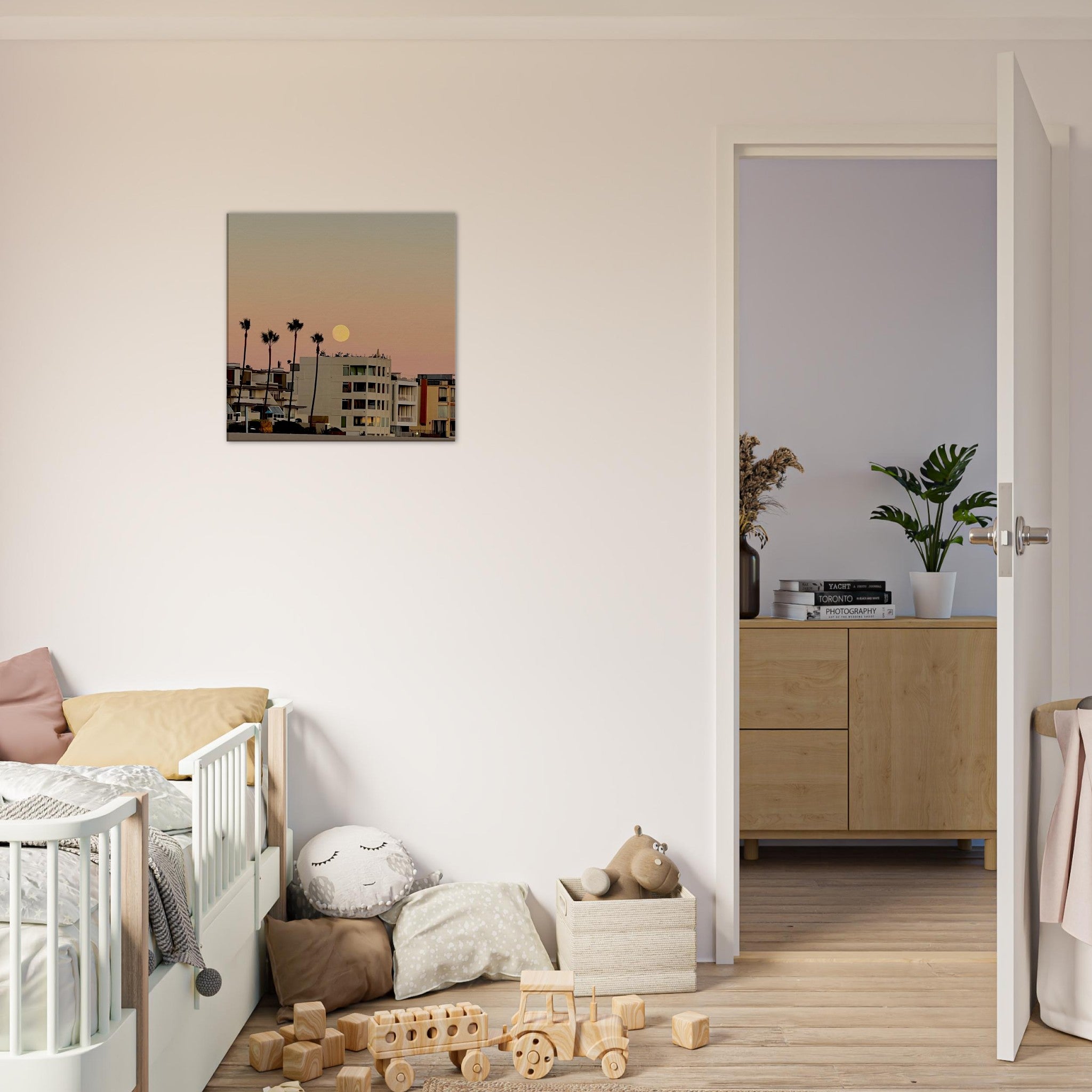 Moody SoCal Beach wall art print on canvas, 20x30cm, featuring a California beach scene for bedroom decor.