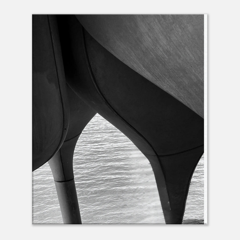 Abstract black and white canvas art print of NYC Hudson River pier with high heels in water, part of the Travel Collection Studio Edition.