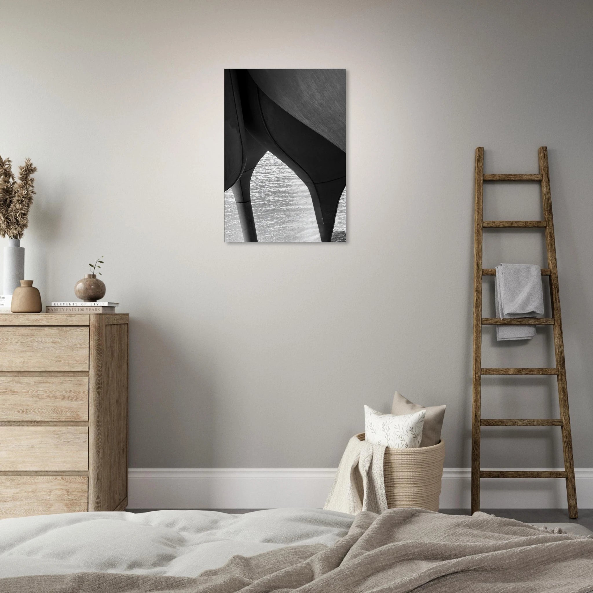 Abstract black and white canvas print of NYC Hudson River pier with high heels in the water, part of the Travel Collection Studio Edition.