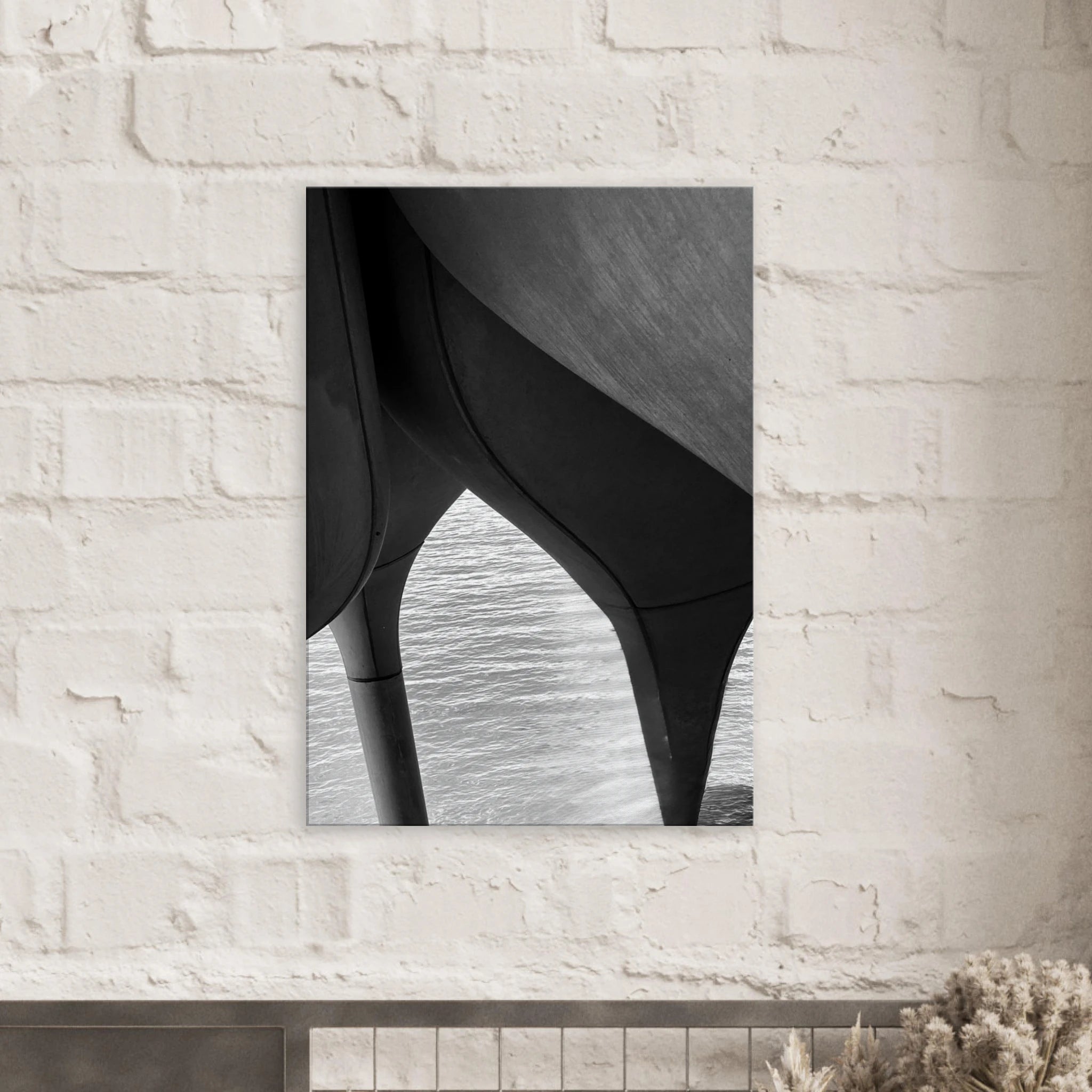 Black and white NYC Hudson River Pier abstract canvas print featuring high heels in water from the Travel Collection by My Store.