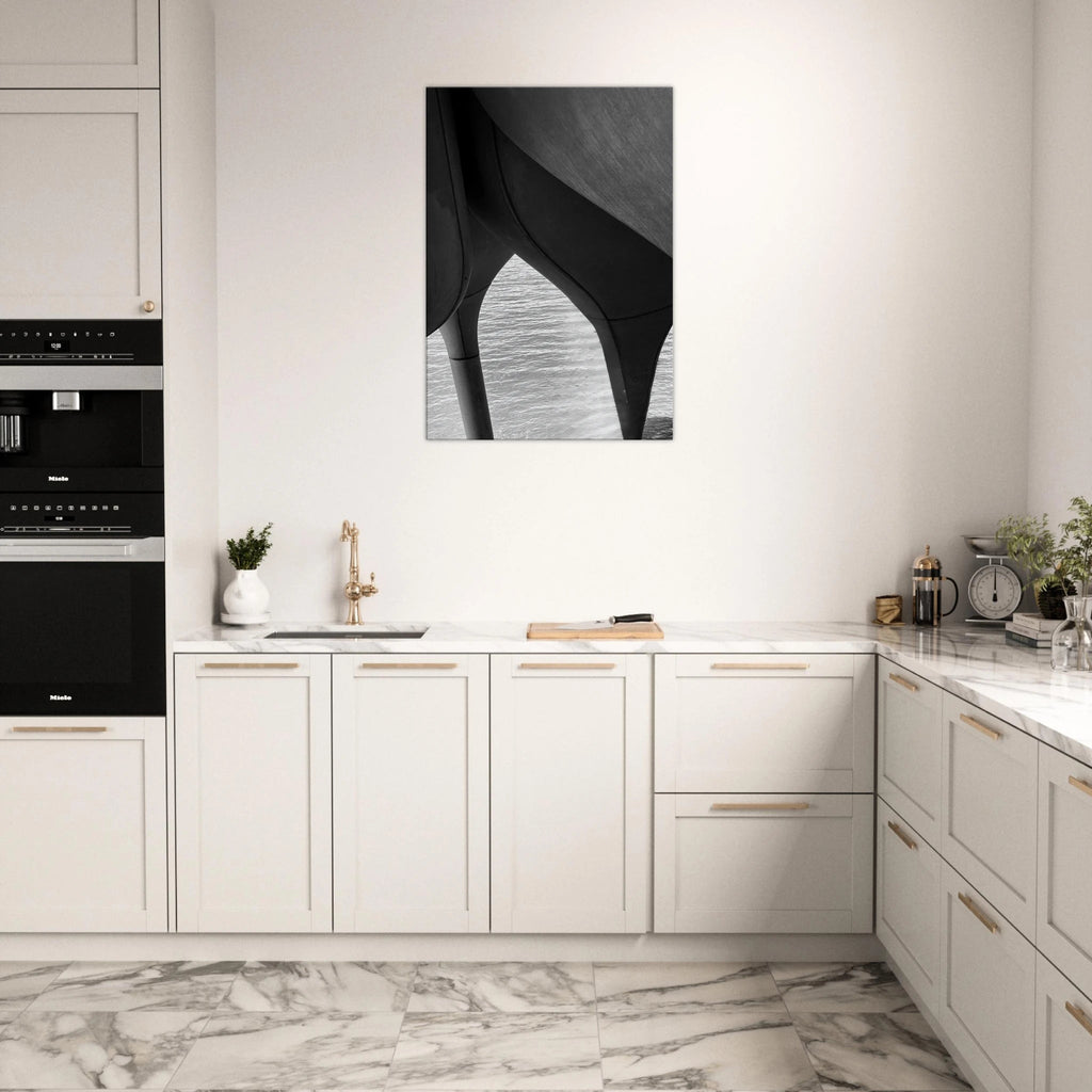 Abstract black and white canvas print of NYC Hudson River pier with high heels in water, part of Studio Edition Travel Collection.