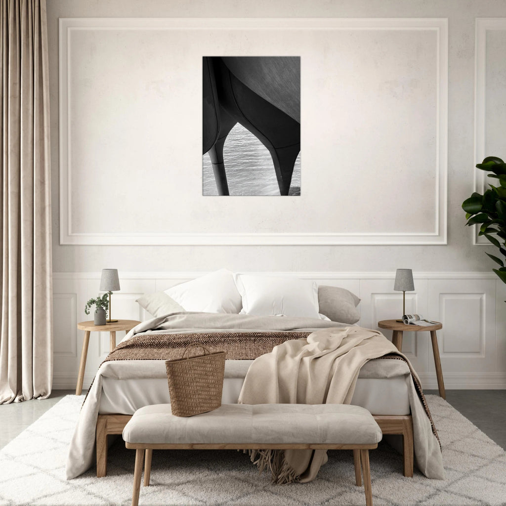 Abstract black and white canvas print of NYC Hudson River pier with high heels in water, part of the Studio Edition Travel Collection.