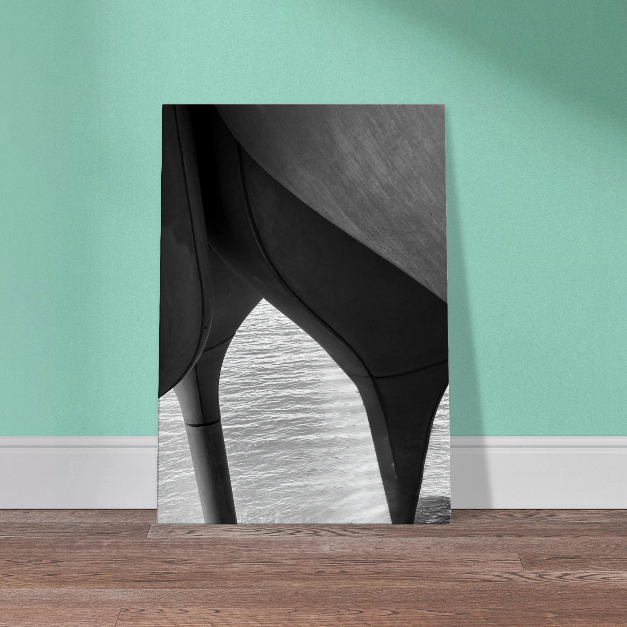 Abstract black and white NYC Hudson River pier canvas print featuring high heels in water from the Travel Collection by My Store.