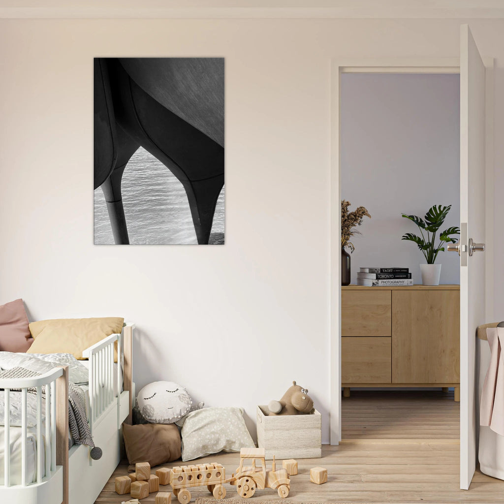 Black and white abstract canvas print of NYC Hudson River pier with high heels in water, from the Studio Edition travel collection.