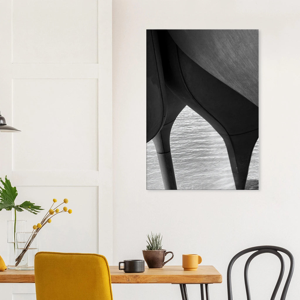 Black and white abstract canvas print of NYC Hudson River pier with high heels in water, part of the Travel Collection Studio Edition.
