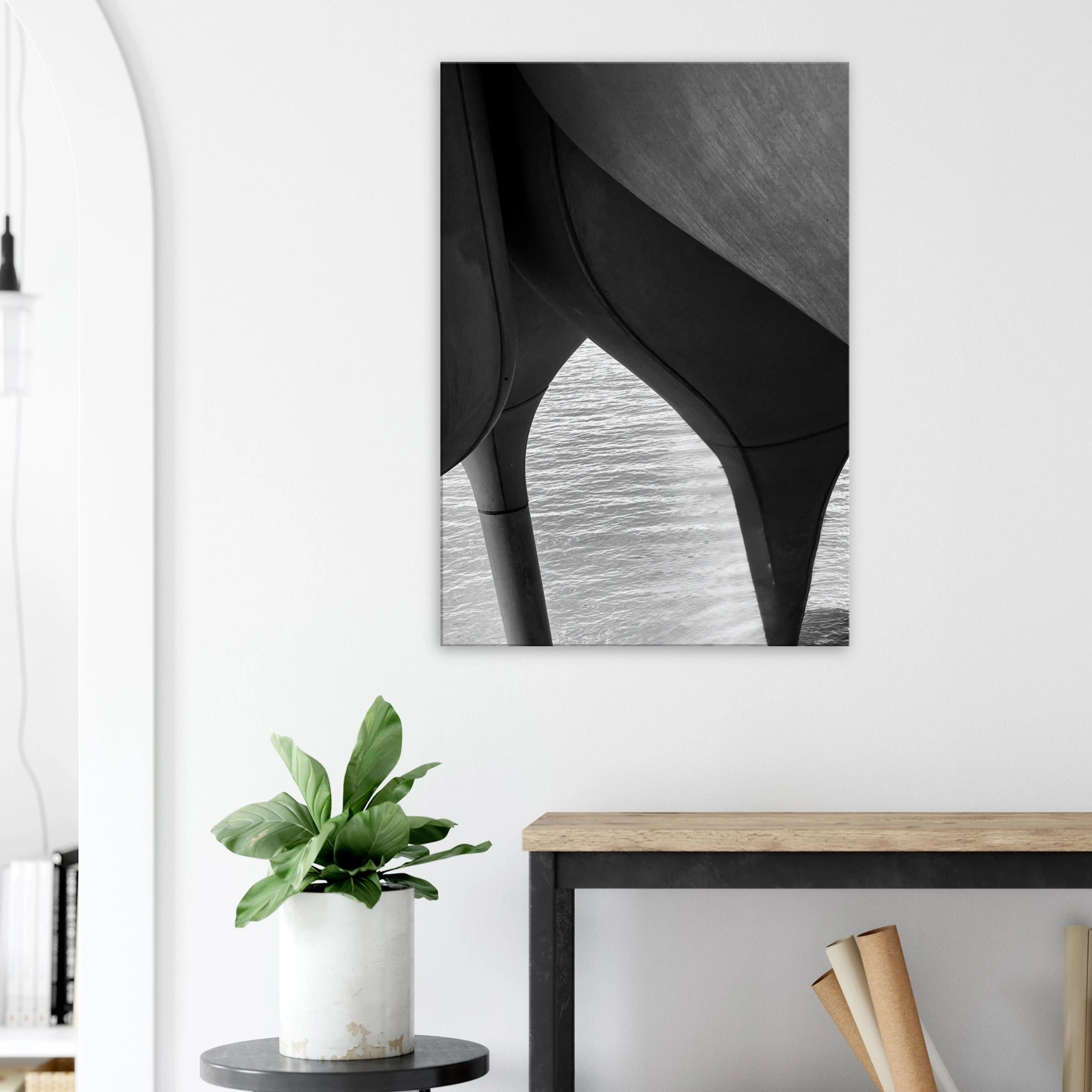 Black and white abstract canvas print of NYC Hudson River pier with high heels in water, part of the Studio Edition Travel Collection.