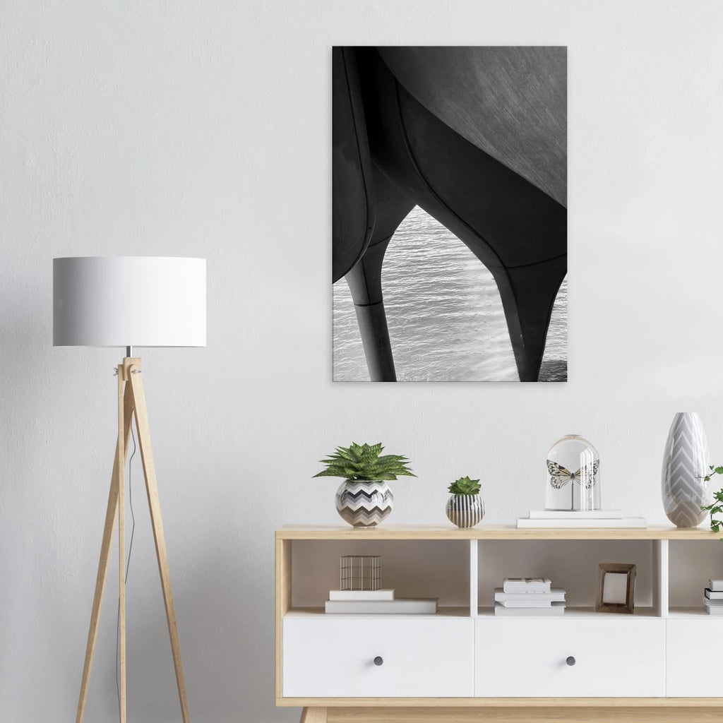 Black and white abstract canvas print of NYC Hudson River pier with high heels in water, part of the Travel Collection Studio Edition.