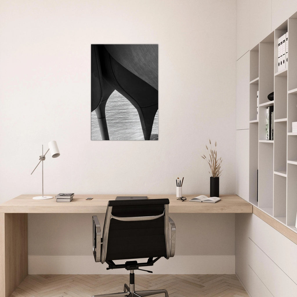 Black and white NYC Hudson River Pier abstract canvas print featuring high heels in water, part of the Travel Collection Studio Edition.