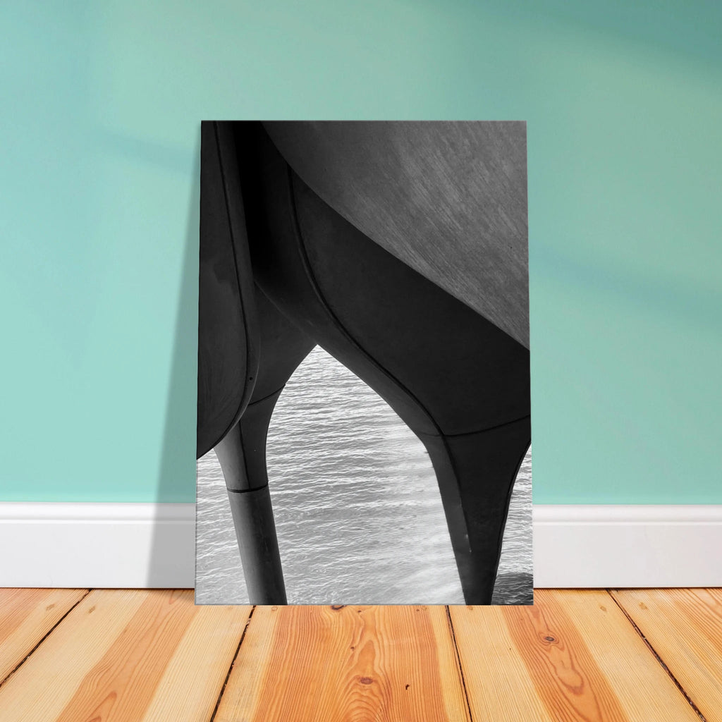 Black and white abstract canvas print of NYC Hudson River Pier with high heels in water, part of the Travel Collection studio edition.
