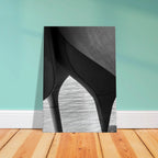 Black and white abstract canvas print of NYC Hudson River Pier with high heels in water, part of the Travel Collection studio edition.