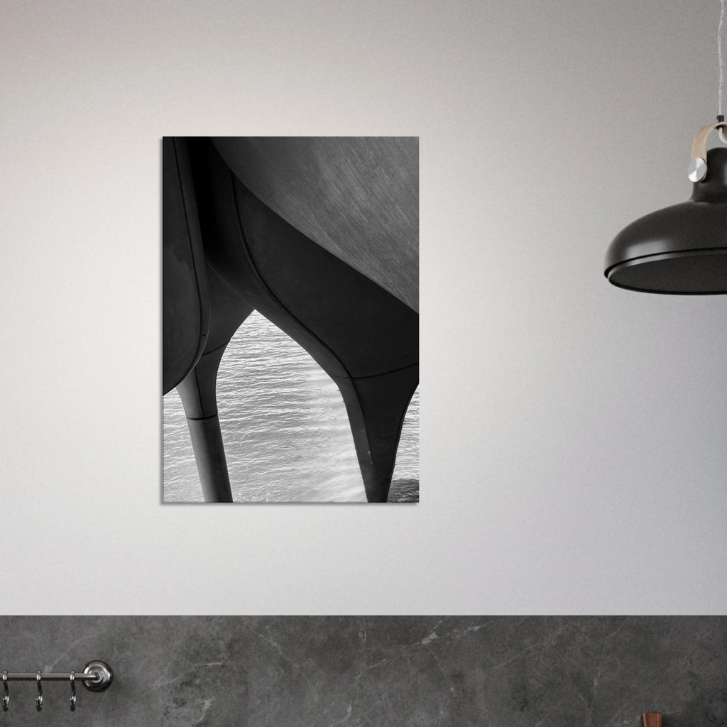 Abstract black and white canvas print of NYC Hudson River pier with high heels in water, part of the Travel Collection by My Store.