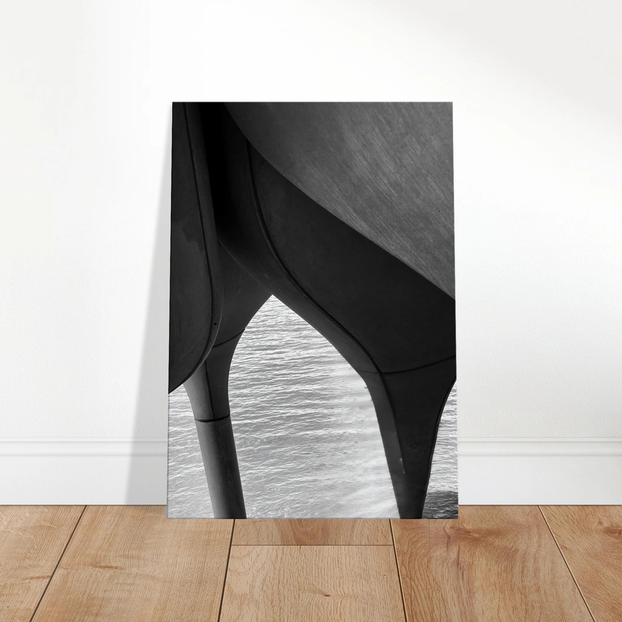 Abstract black and white NYC Hudson River Pier art print featuring high heels in water, on canvas from the Travel Collection.