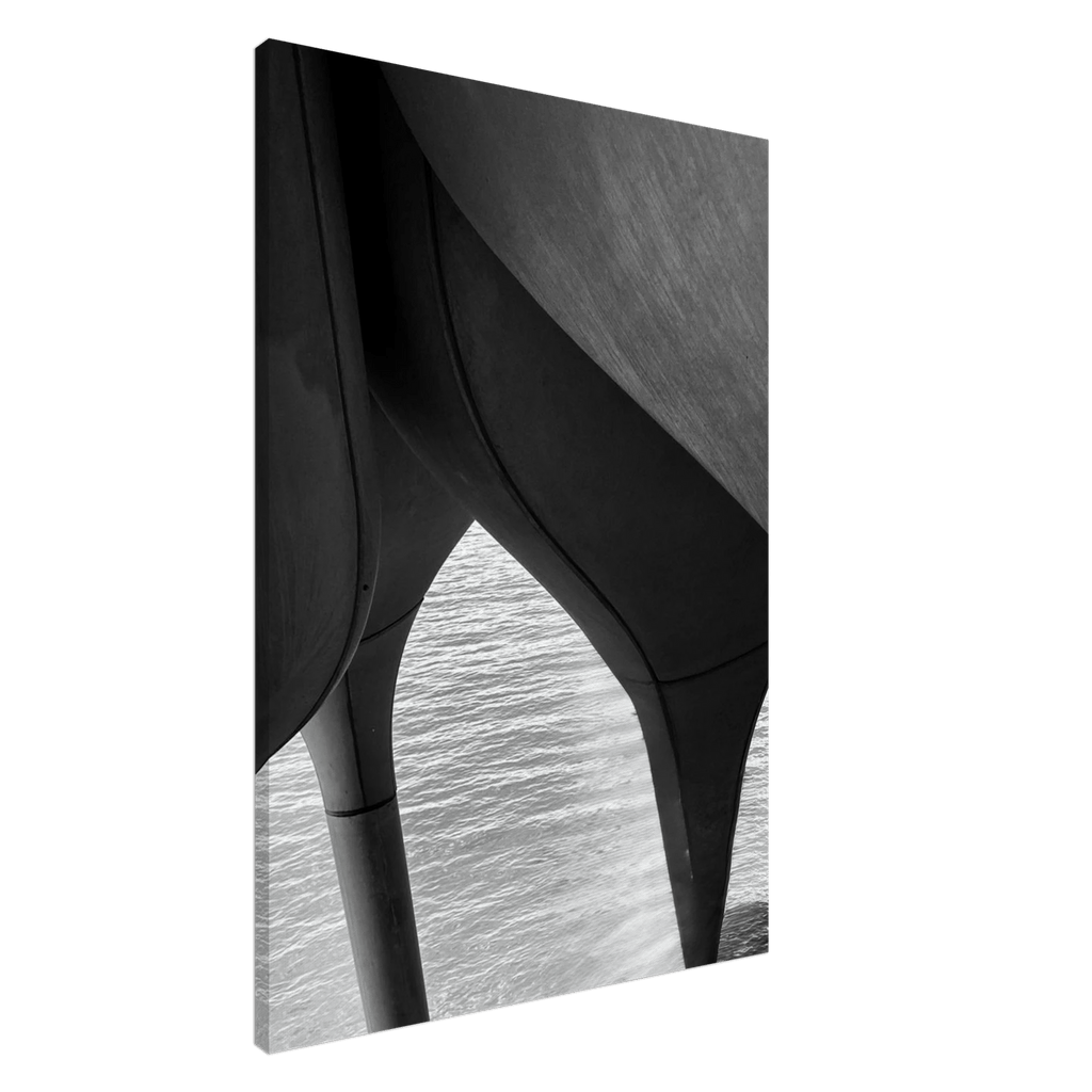 Abstract black and white canvas print of NYC Hudson River pier with high heels in water, part of the Travel Collection Studio Edition.