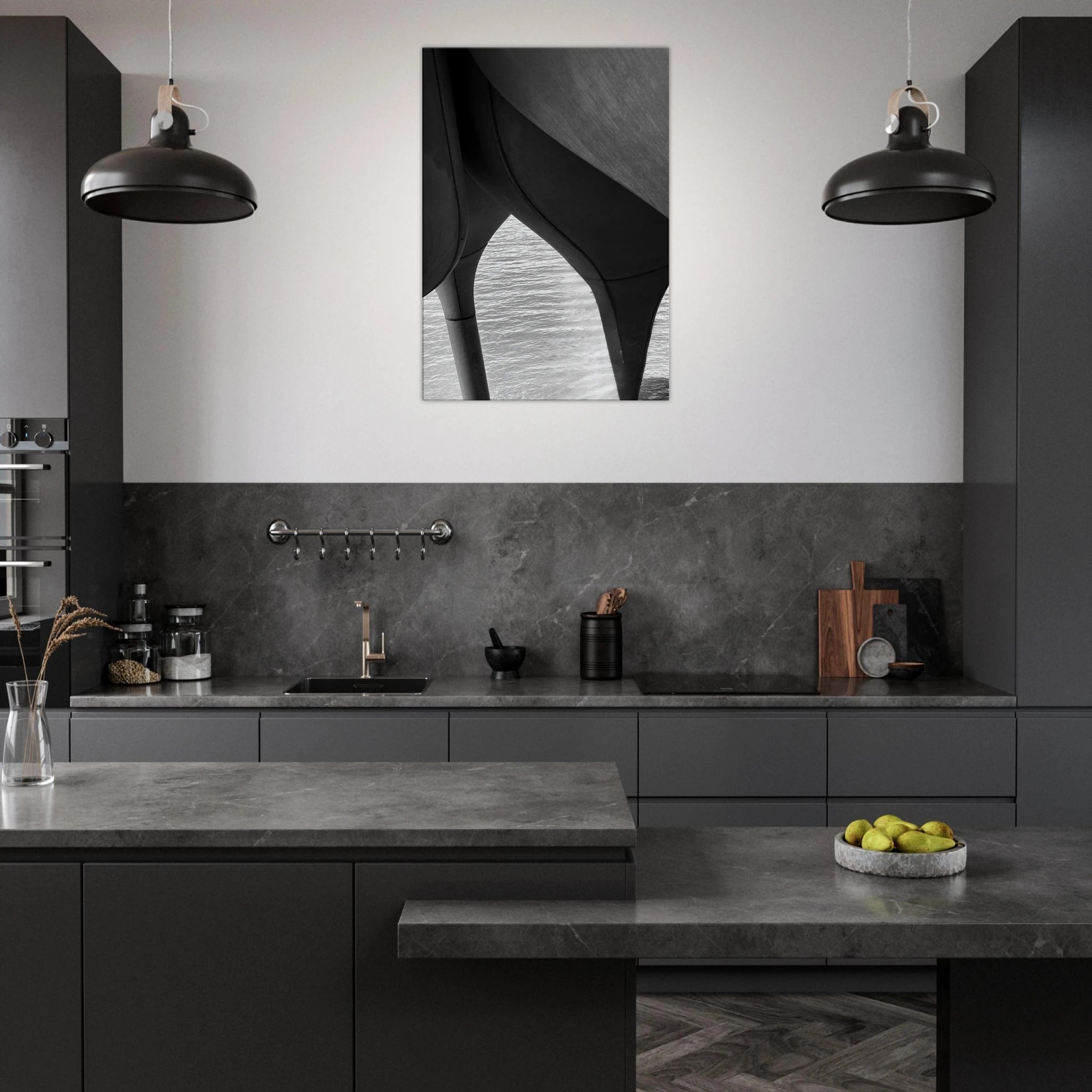 Black and white abstract canvas art print of NYC Hudson River pier with high heels in water, part of the Travel Collection Studio Edition.