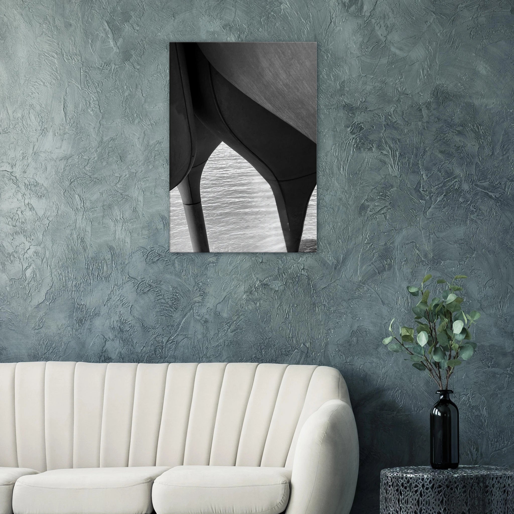 Black and white NYC Hudson River Pier abstract canvas print featuring high heels in water, part of the Travel Collection studio edition.