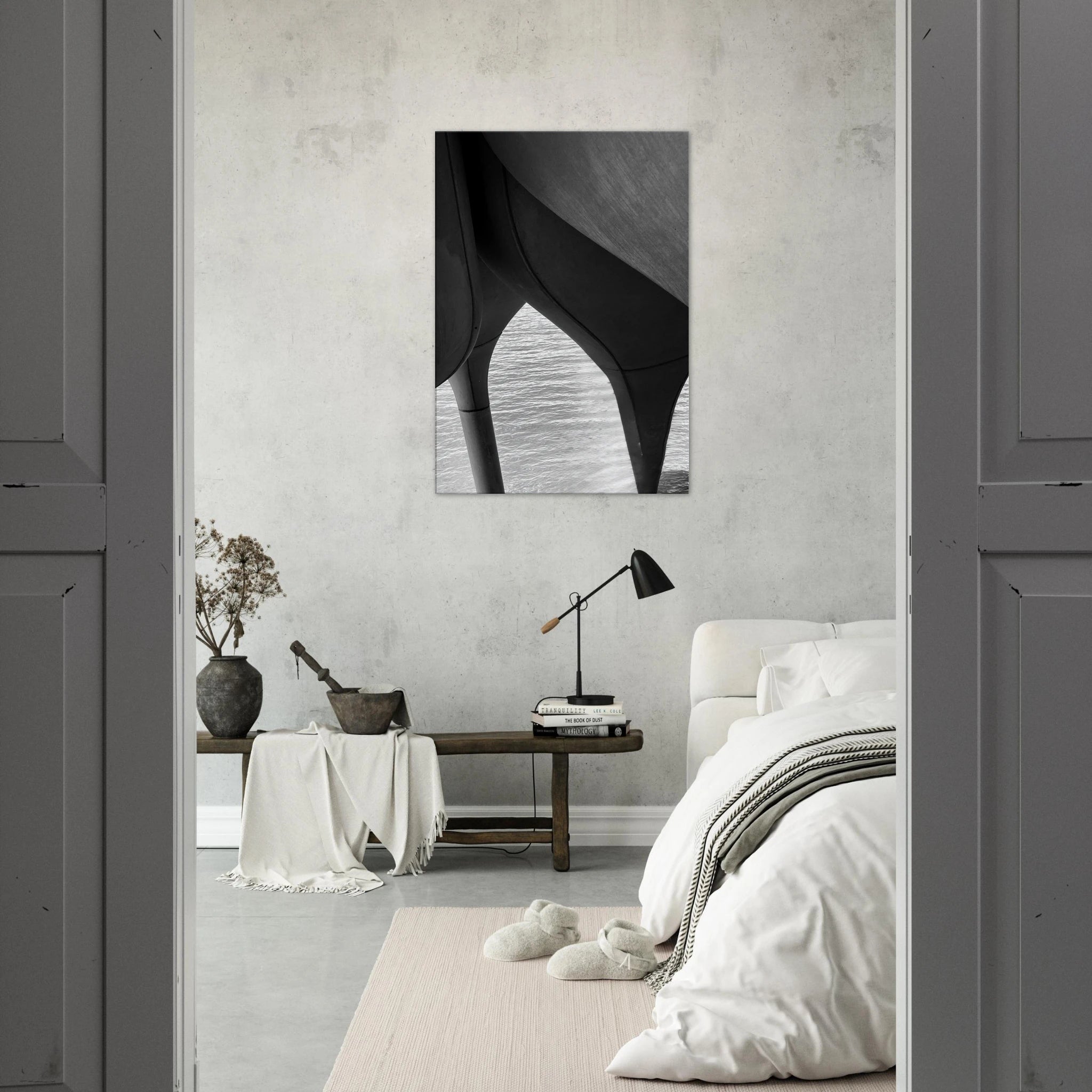 Abstract black and white canvas print of NYC Hudson River Pier with high heels in water, part of the Travel Collection Studio Edition.