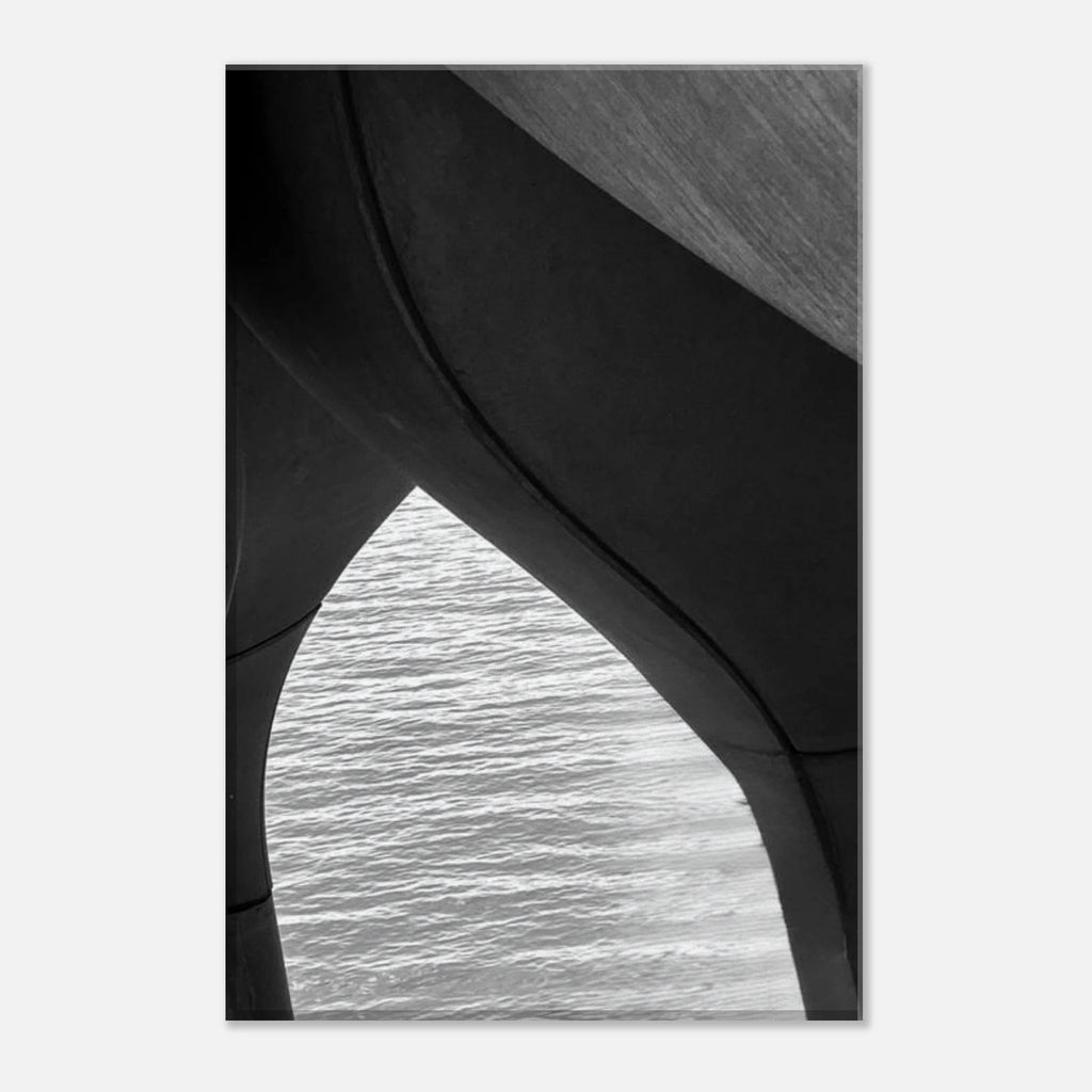 Abstract black and white canvas print of NYC Hudson River pier with high heels in water, part of the Studio Edition Travel Collection.