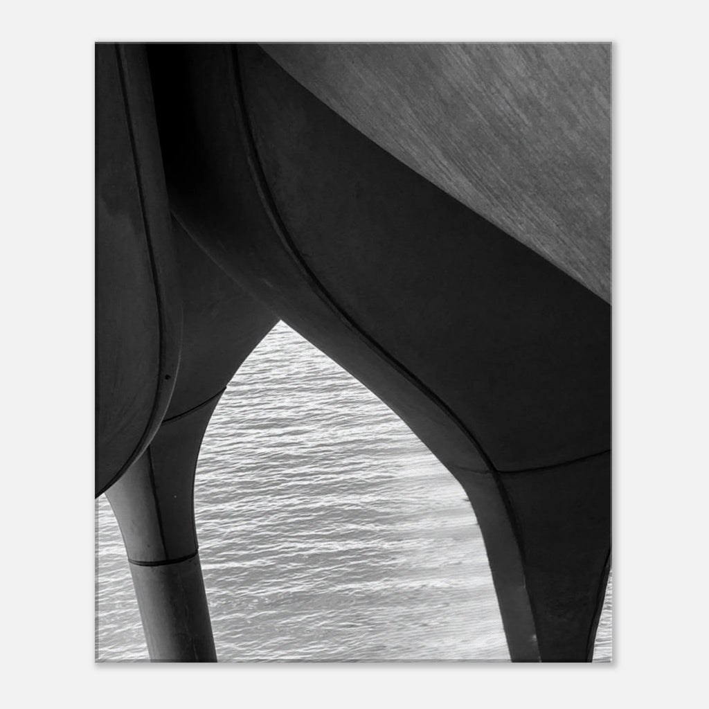 Black and white abstract canvas print of NYC Hudson River Pier with high heels in water, part of the Travel Collection Studio Edition.
