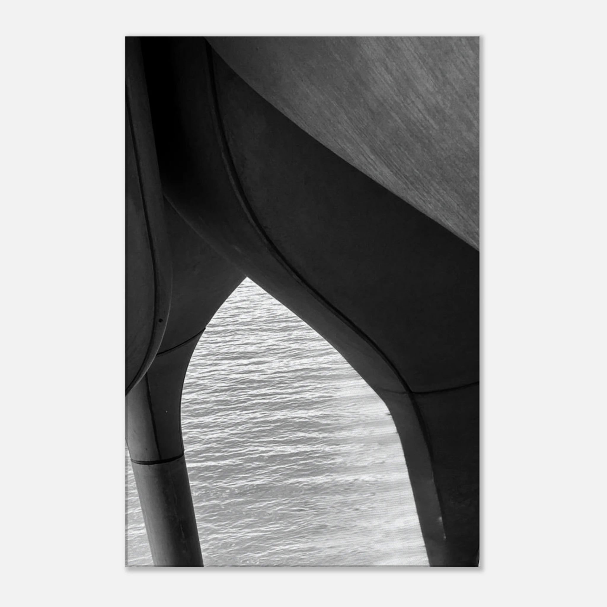 Black and white abstract canvas art print of NYC Hudson River pier with high heels in water, part of the Travel Collection.